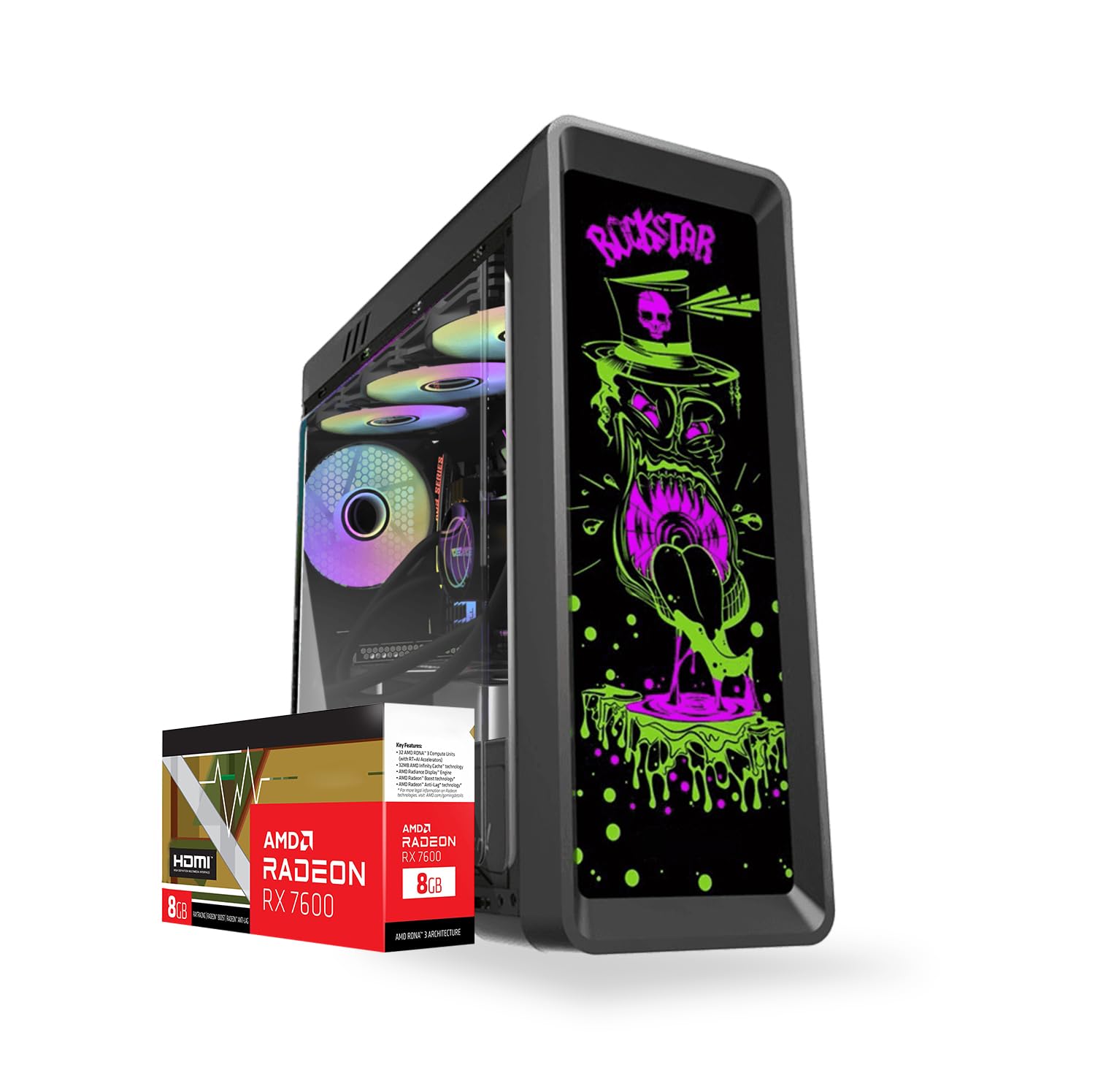 First Wave FrostTitan Gaming PC – AMD Ryzen 5-7600, 8GB Radeon RX 7600 GDDR6 OC Graphics, 16GB DDR5 RGB RAM, 1TB NVMe SSD, WiFi, ARGB Cooling, Windows 11 Pro, 2Y Warranty, High-Performance Desktop
