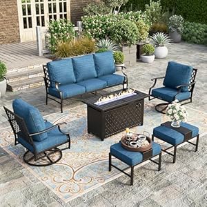 HERAS HOUSE 6 Pieces Patio Furniture Set with Fire Pit Table 2 x Swivel Chair 2 x Ottoman 3 Seat Sofa with 45 Fire Pit Table Outdoor Conversation Set for Garden Poolside Backyard Pacific Blue