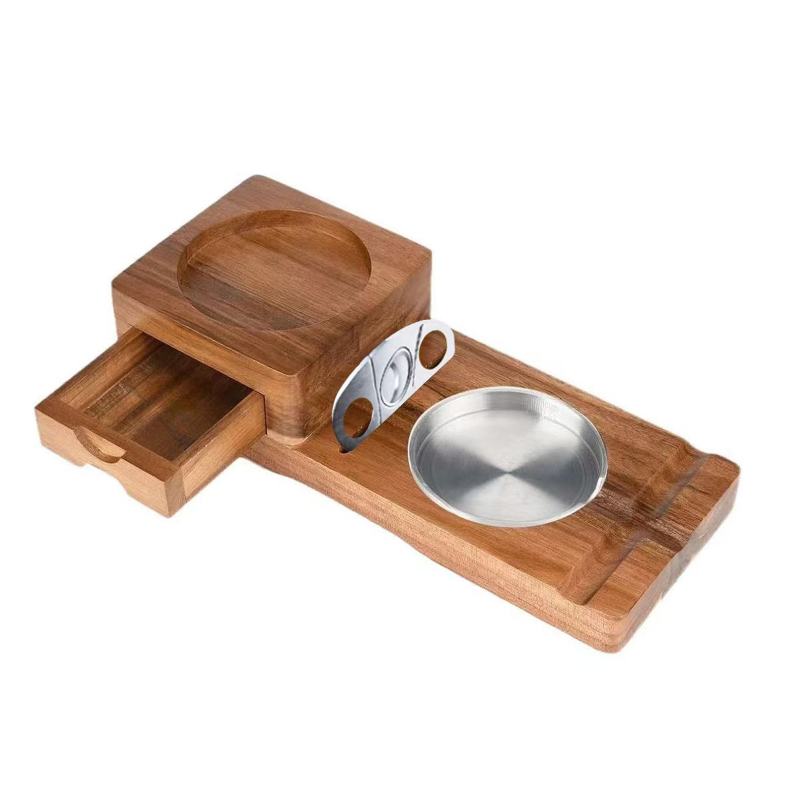 SHINLHUA Handcrafted Wood Stogie Ashtray Having Combined Storage Area and Drink Holder Hardwood Stogie Ashtray Featuring Built-in Storage