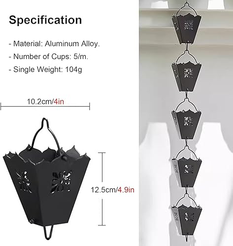 Miniatura 2 de WDJBPSH Cadena de lluvia de aluminio para desviar el agua del techo del patio, negro de repuesto para jardín, patio, aleros, decoración de techo,