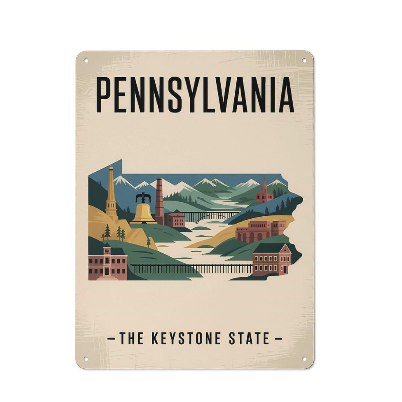 Junmoney Style-6 Pennsylvania The Keystone State Travel Retro Tin Wall Plaque 40X30cm For Hobby Room Or Studio, For Garage, Workshop And Man Cave Decoration