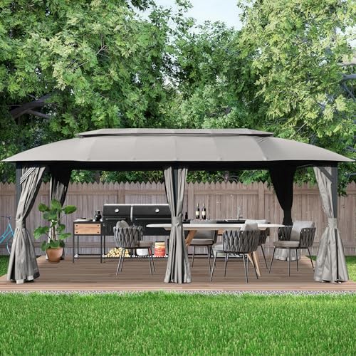 Domi Gazebo 10x20FT, Outdoor Gazebo with Double Roofs, Privacy Curtains,