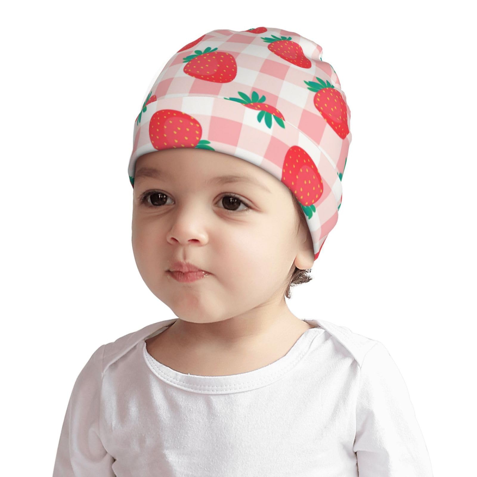 Rqzwdq Cute Strawberry and Green Leaves Pattern Kids Beanie Hats Warm Knit Beanie Cap Skull Caps Gifts Decor for Boys Girls