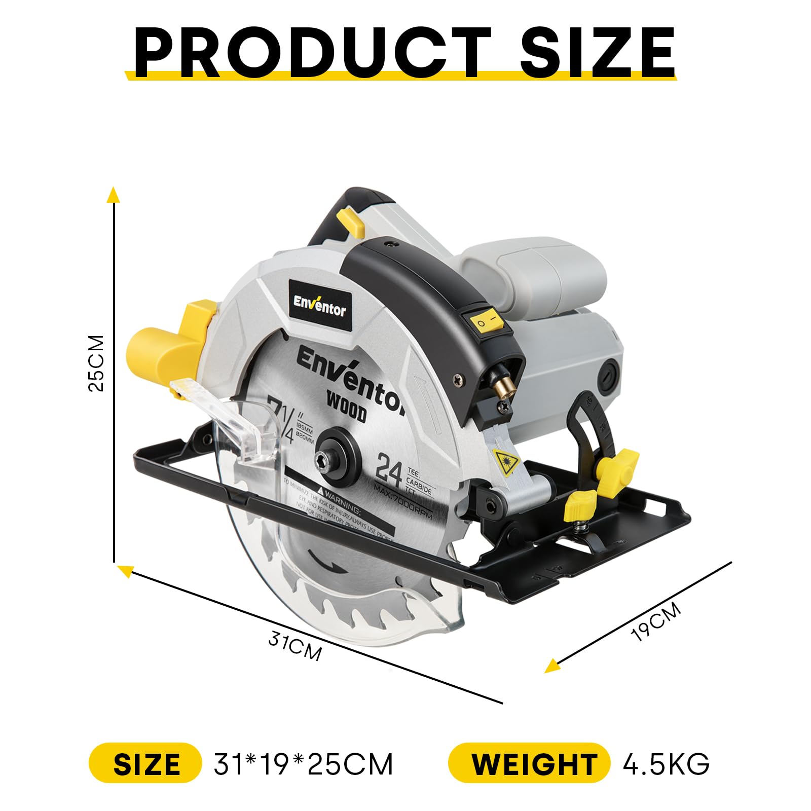 Scie Circulaire 1200W ENVENTOR avec guidage laser, Scie Circulaire pour le bois, 5800RPM, Profondeur de Coupe Max: 62 mm (90°) et 42 mm (45°), moteur en cuivre pur, Lama 185 m (24T&40T)