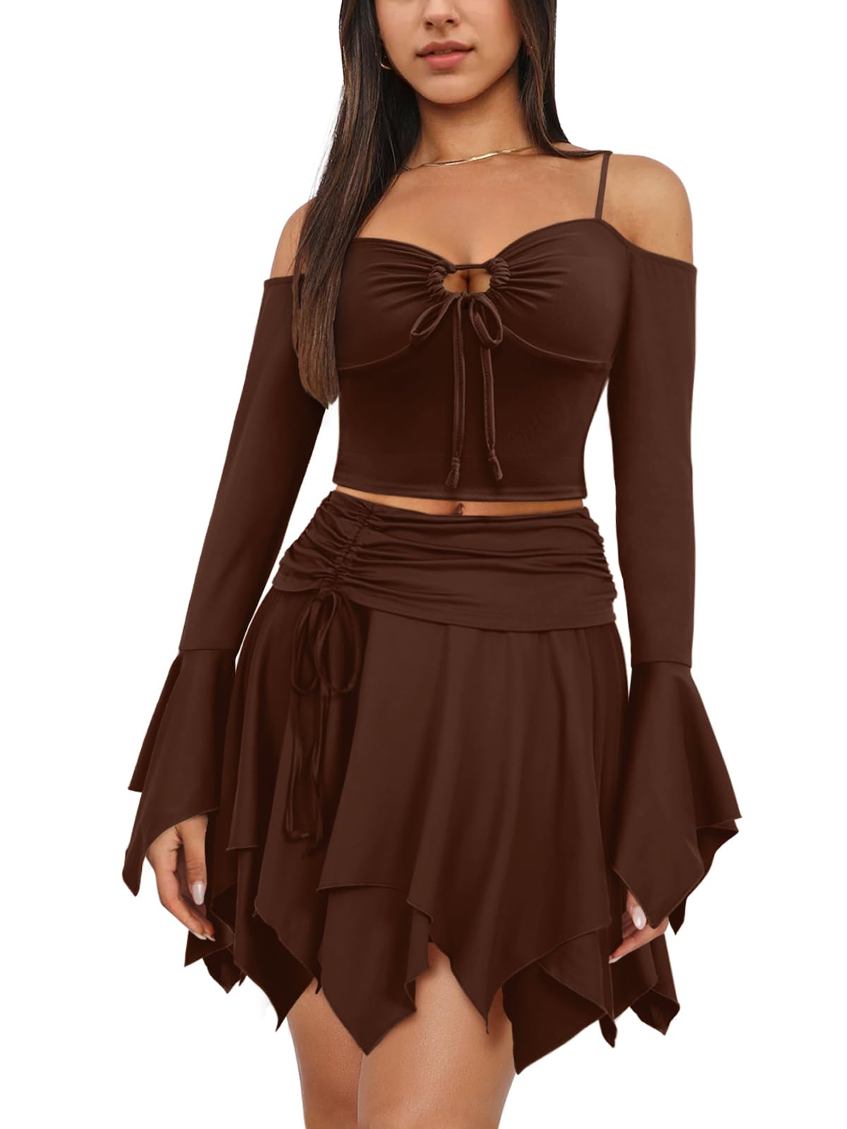 Ophestin Womens Y2K Fairy Dress Off Shoulder Handkerchief 2 Piece Skirts Set Fairycore Halloween Dress