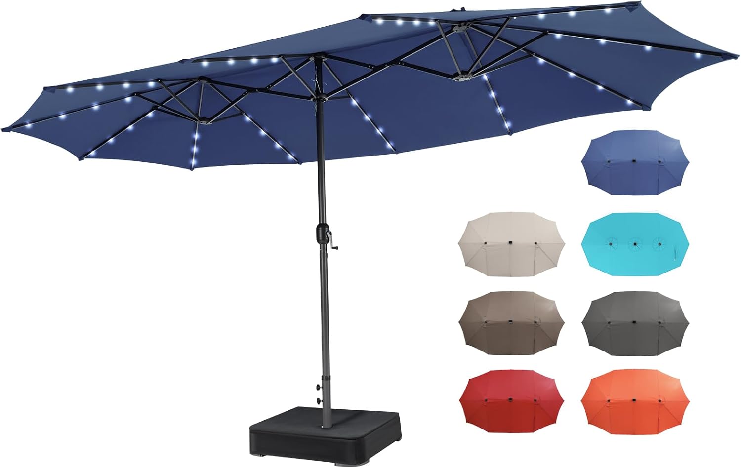 HAPPYGRILL 15FT Double-Sided Patio Umbrella with Lights, Weighted Base, Large Outdoor Market Twin Umbrella for Poolside Garden Lawn