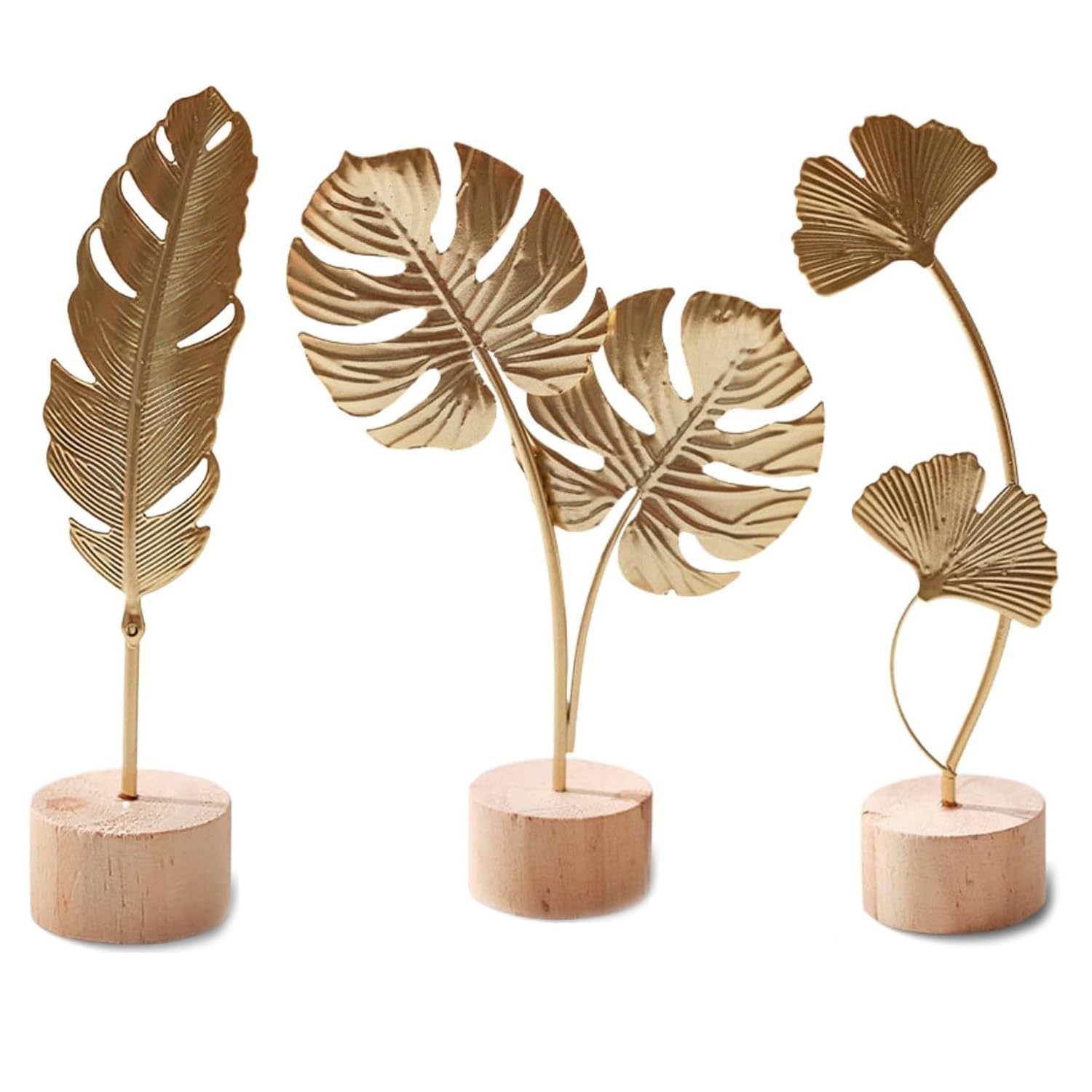 Srvauyea 3PCS Gold Leaf Sculpture Ornament,Metal Ginkgo Leaf Decorations,Craft Ginkgo Leaf Decor with Wooden Base,for Living Room,Hallway,Bedroom,Shelf.