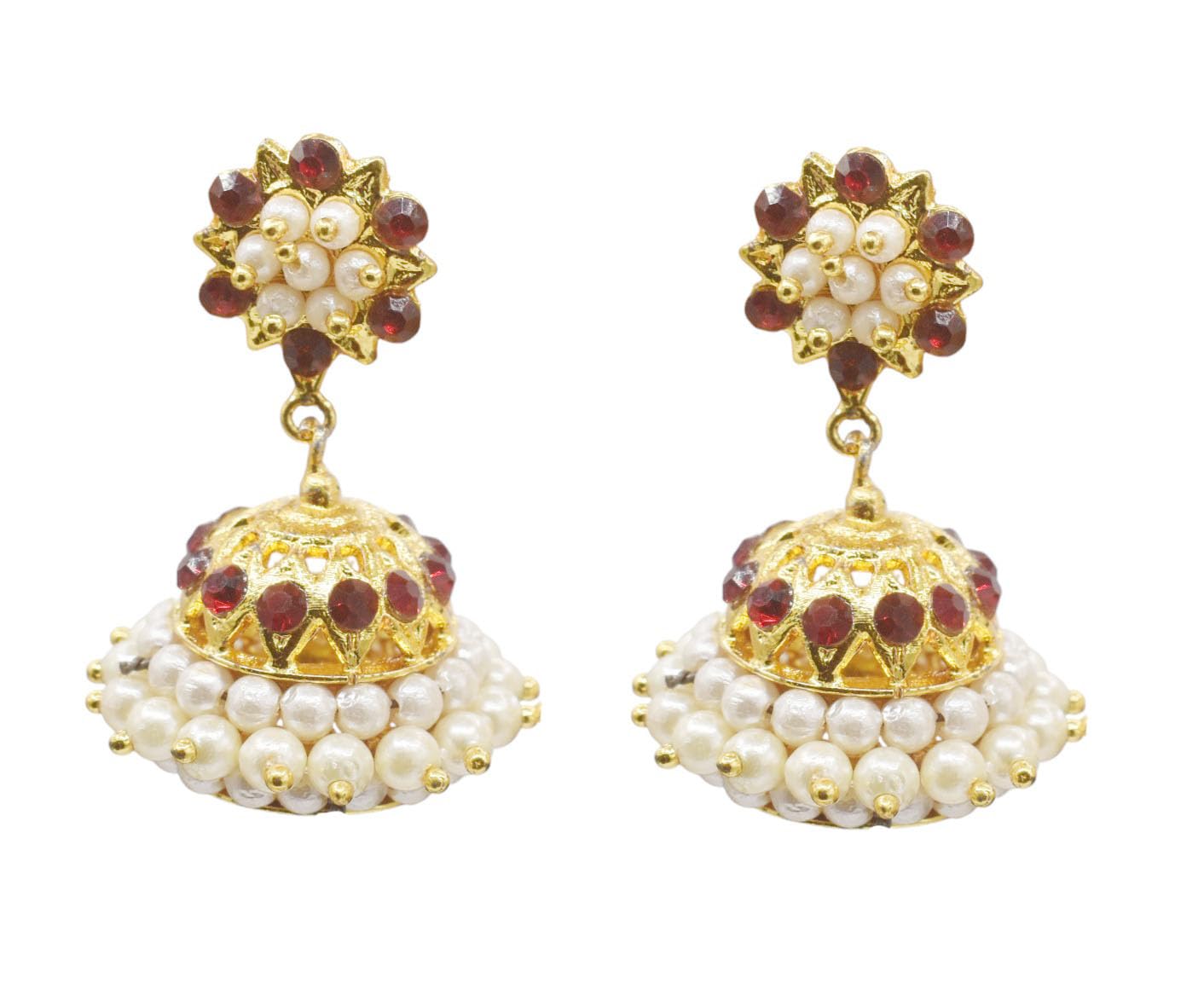 Red & white stone and pearls Jhumki for Bharathanatyam and kuchipudi dance (12-Stone-RED)-image-43