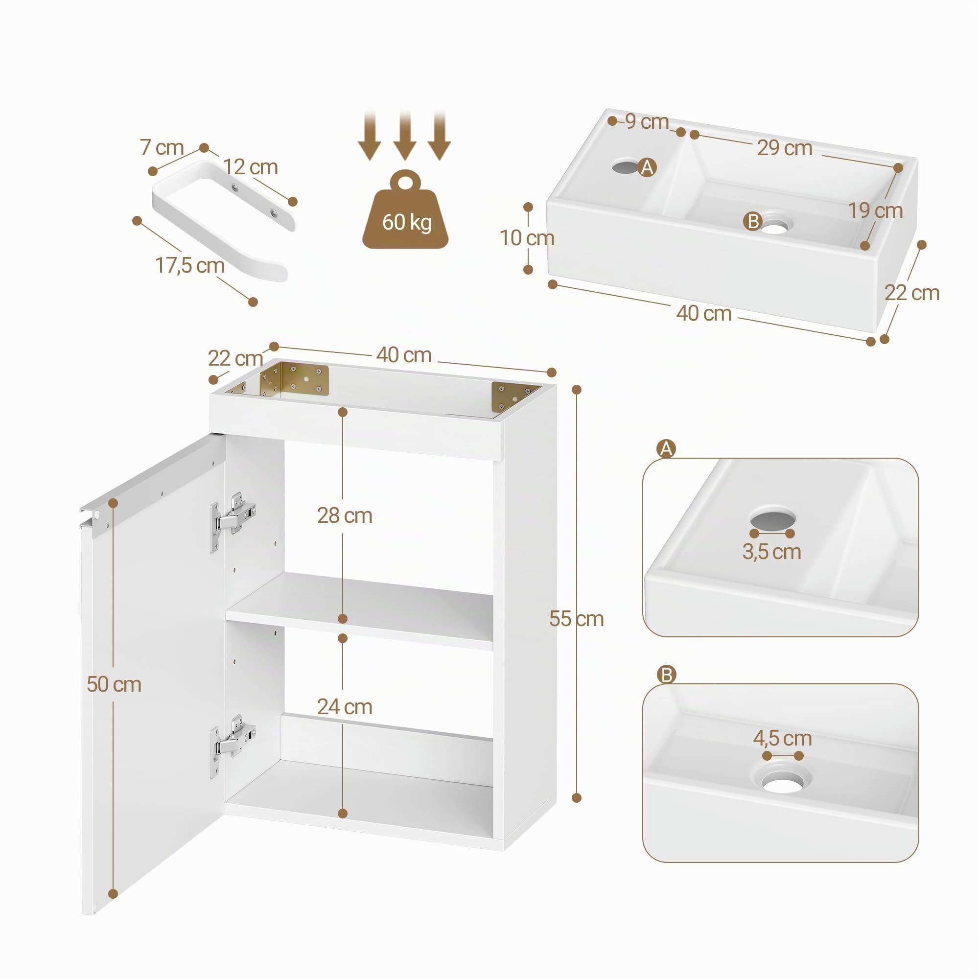 Hzuaneri Meuble Lavabo Suspendu, Lavabo en Céramique, Meuble de Salle de Bain, 1 Porte-Serviettes, 1 Grande Armoire de Rangement, Étagère Réglable, 22 x 40 x 55 cm, Blanc, BC40003X