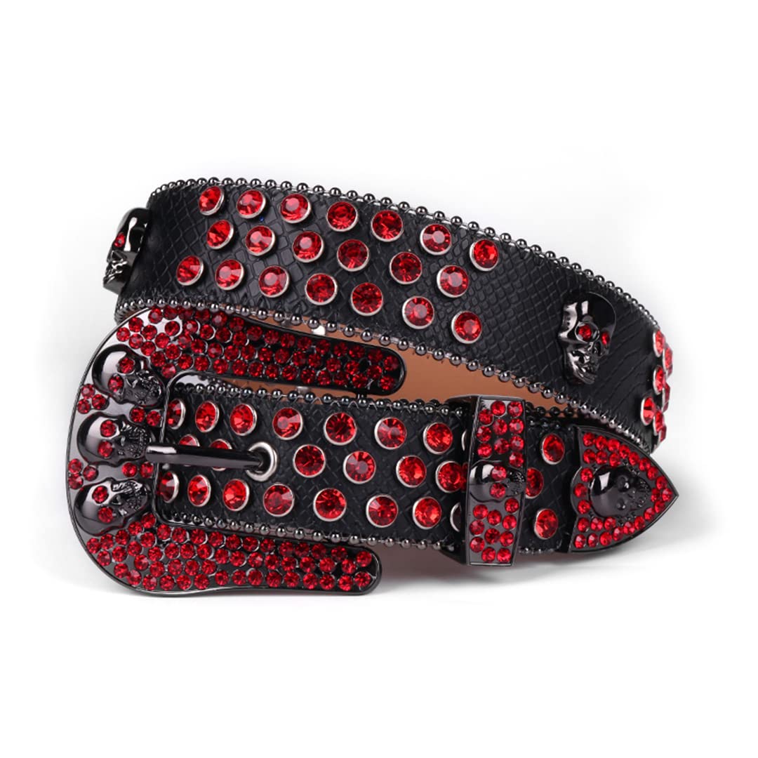 Western Skull Belt Men Women Rhinestone Belt Diamond Pin Buckle Studded Belts Red 38 inch