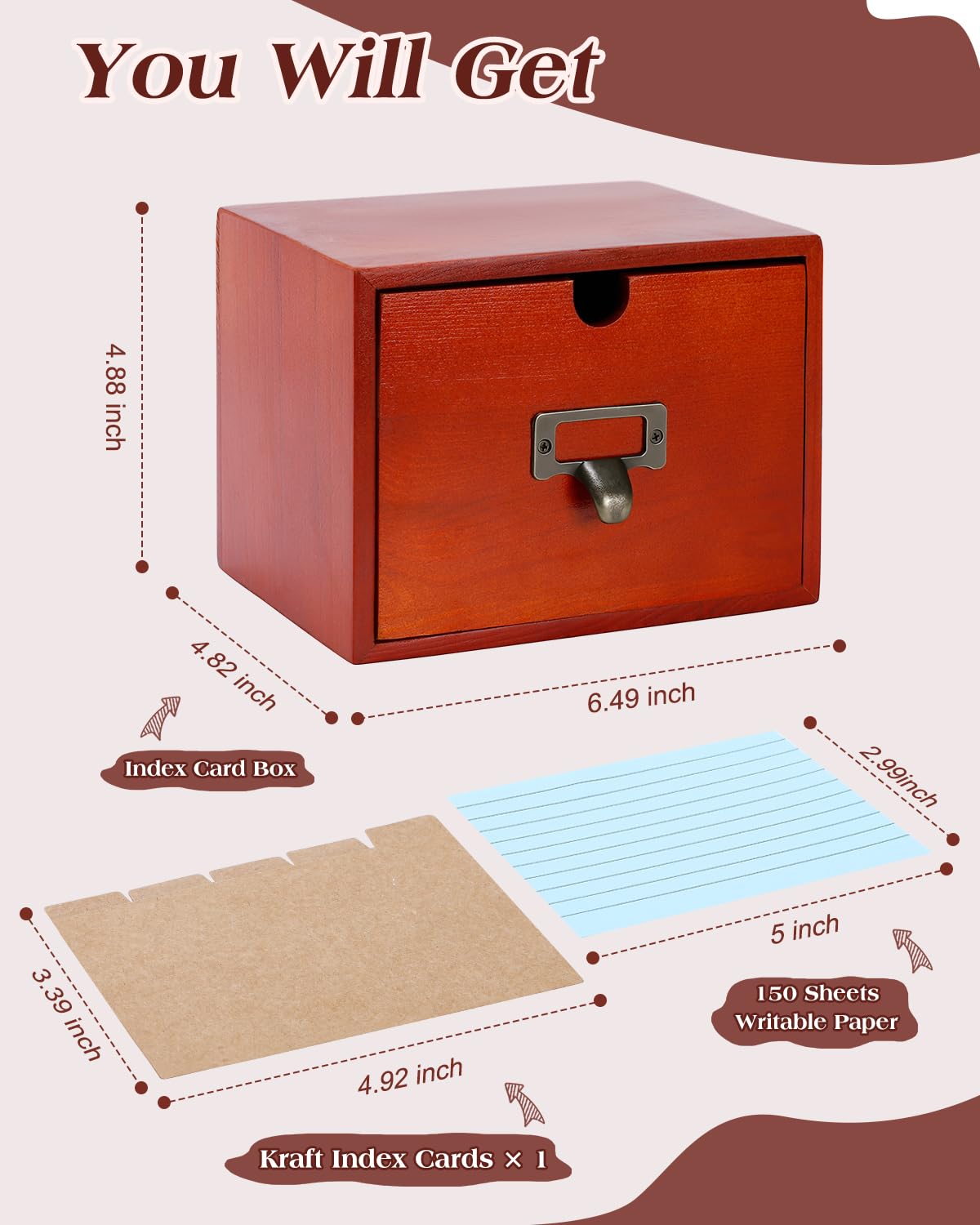 Organiseur de cartes d'index en bois massif avec tiroir pour cartes de recettes, cartes flash, cartes de visite, intercalaires et 150 cartes de couleur 7,6 x 12,7 cm