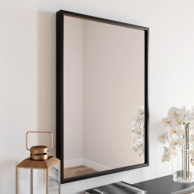 Large Modern Rectangular Glass Mirror 70x50cm Black Frame Wall Mounted Vanity