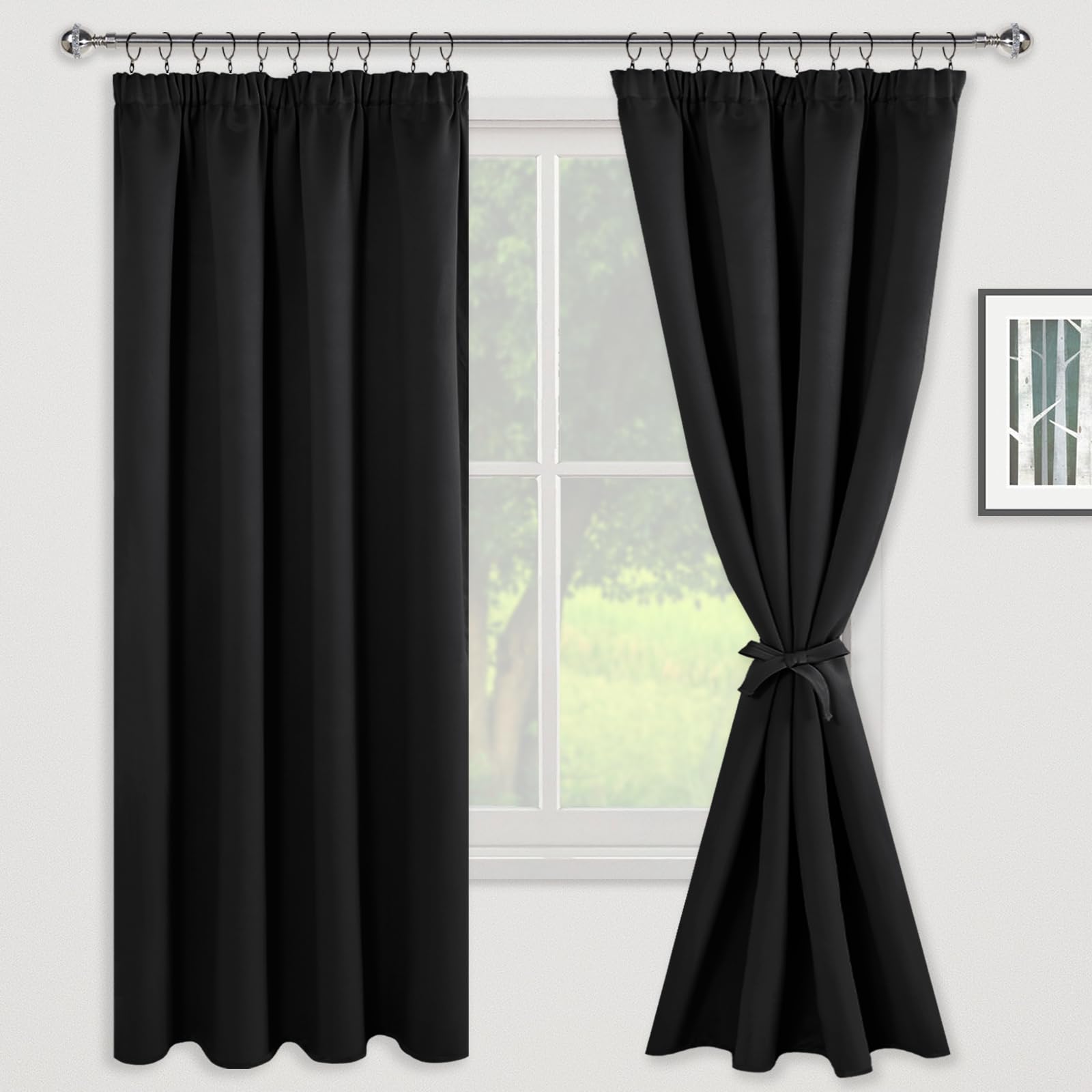 JIUZHEN Curtains with Ruffle Tape, Blackout Curtains, Opaque Curtains, Living Room Curtains, Bedroom, Thermal Curtain, Black - Image 2