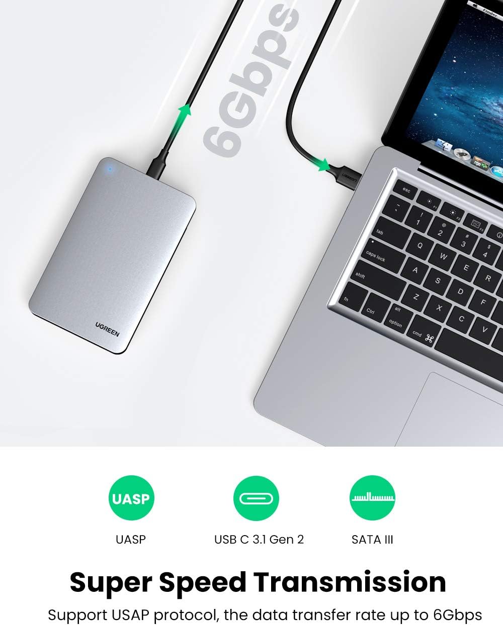 UGREEN Hard Drive Enclosure for 2.5" SATA SSD HDD Aluminum USB C to SATA Adapter USB 3.1 Gen 2 Support UASP SATA III Compatible with WD Seagate Toshiba Samsung Hitachi PS4 Xbox PC Tool Free