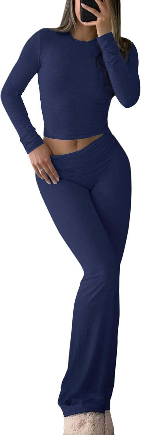 Women’s 2 Piece Casual Pajama Set-Slim Fit Long Sleeve Top Low Rise Bell Bottoms-Versatile Yoga Loungewear