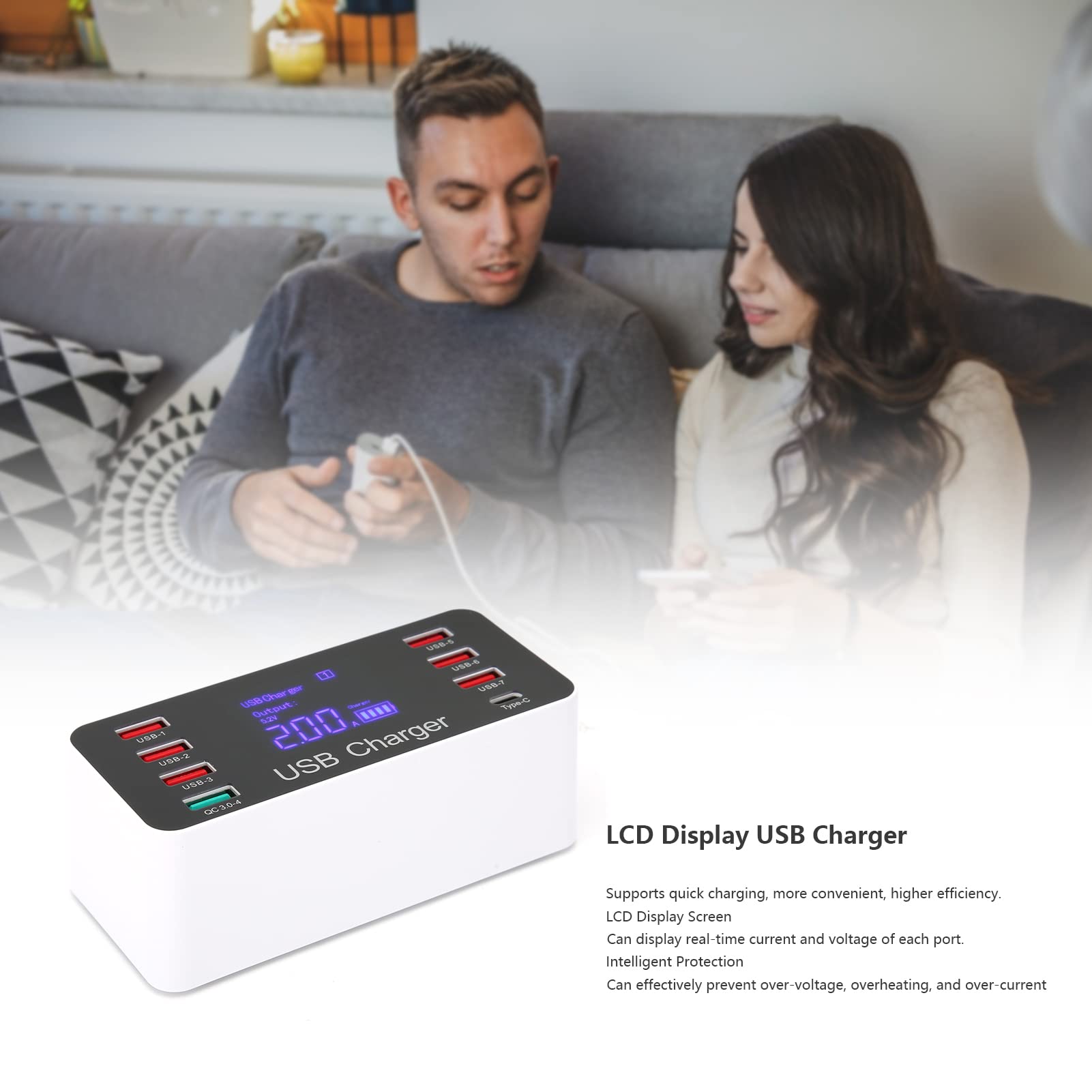 Annadue Cargador USB Hub de Puertos Múltiples, Estación de Carga de Escritorio de 8 Puertos y 40 W, con Pantalla LED, Puerto USB C, Carga Rápida QC 3.0, para Teléfono, Tableta,
