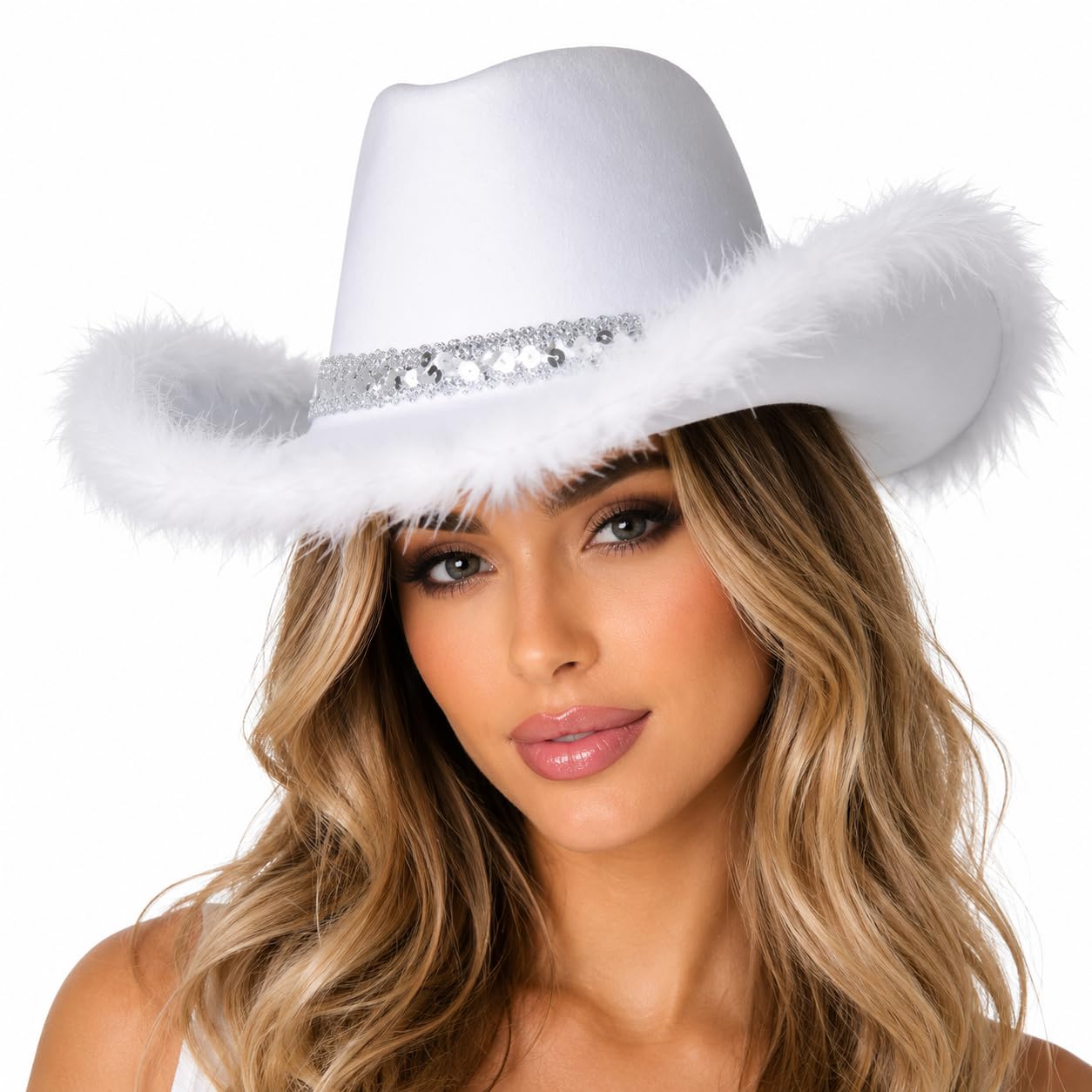 Wicked Costumes Adult White Sequin & Feather Cowboy Hat – Glam Western Cowgirl Fancy Dress Accessory for Festivals, Hen Parties & Concerts — image 1