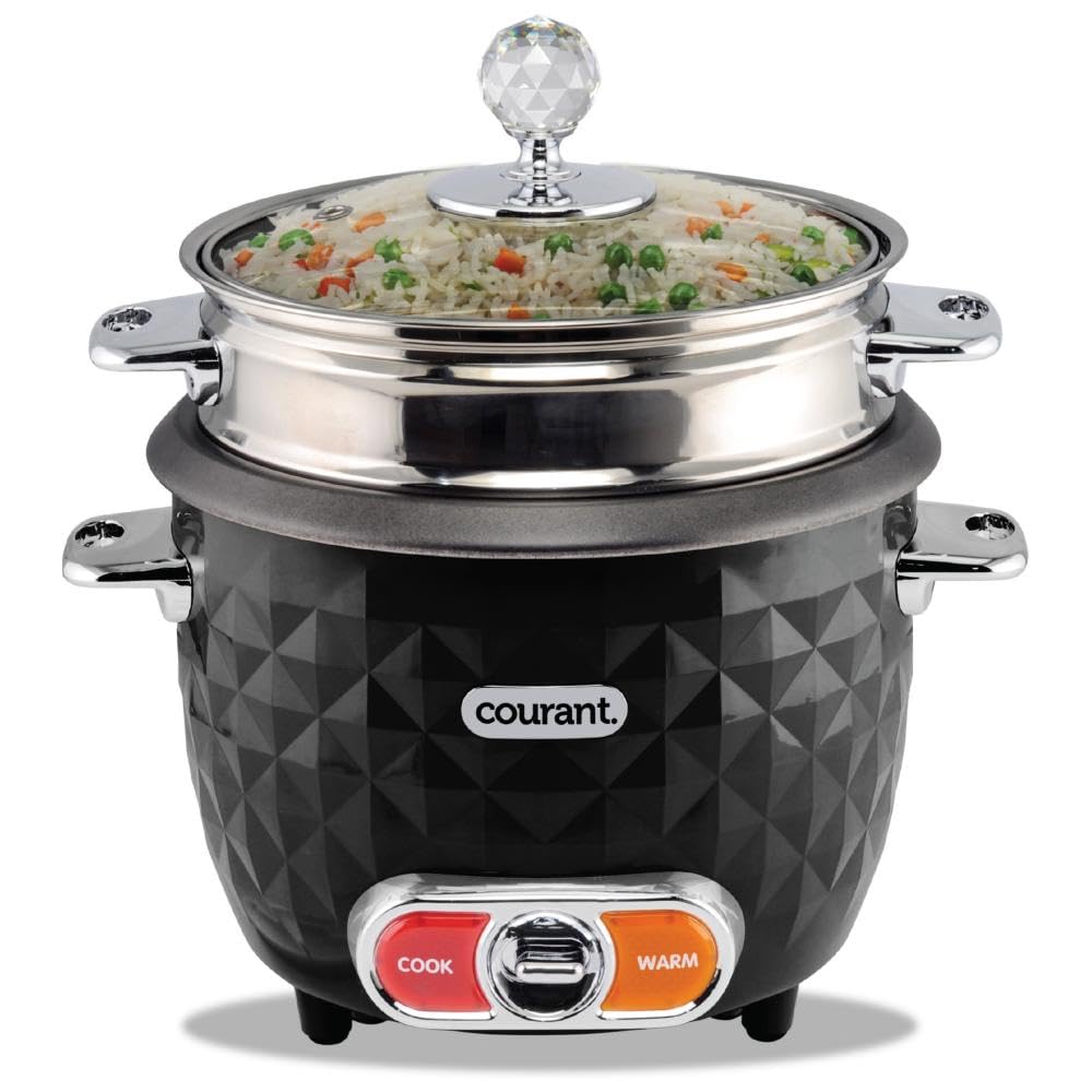 Courant 10-Cup Cooked 5-Cup Uncooked Rice Cooker and Steamer with One-Touch Operation Automatic Keep Warm Function and Chrome