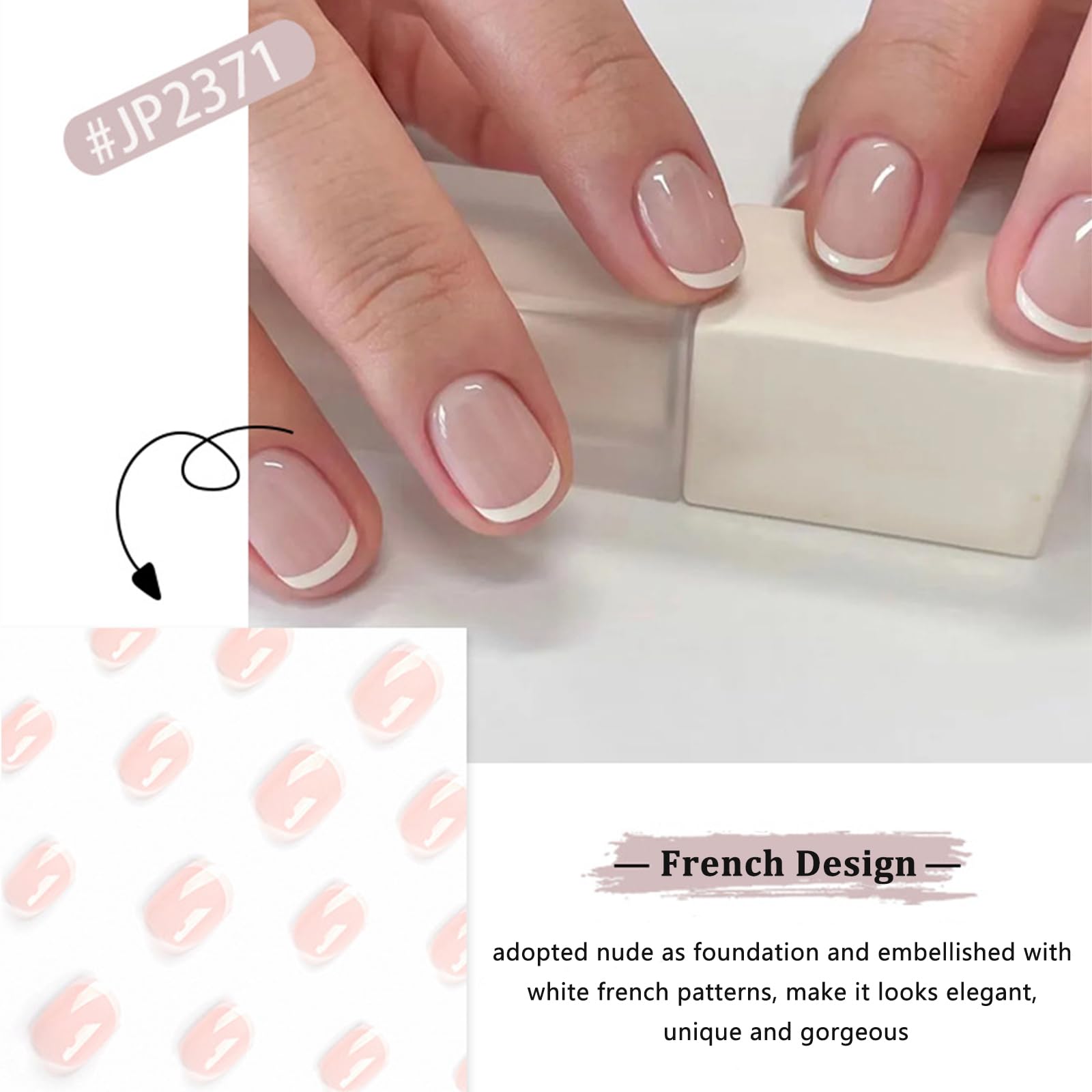 French Tip False Nails, 24Pcs Press on Nails Short, Natural White French Tip Nails Nude - Image 2
