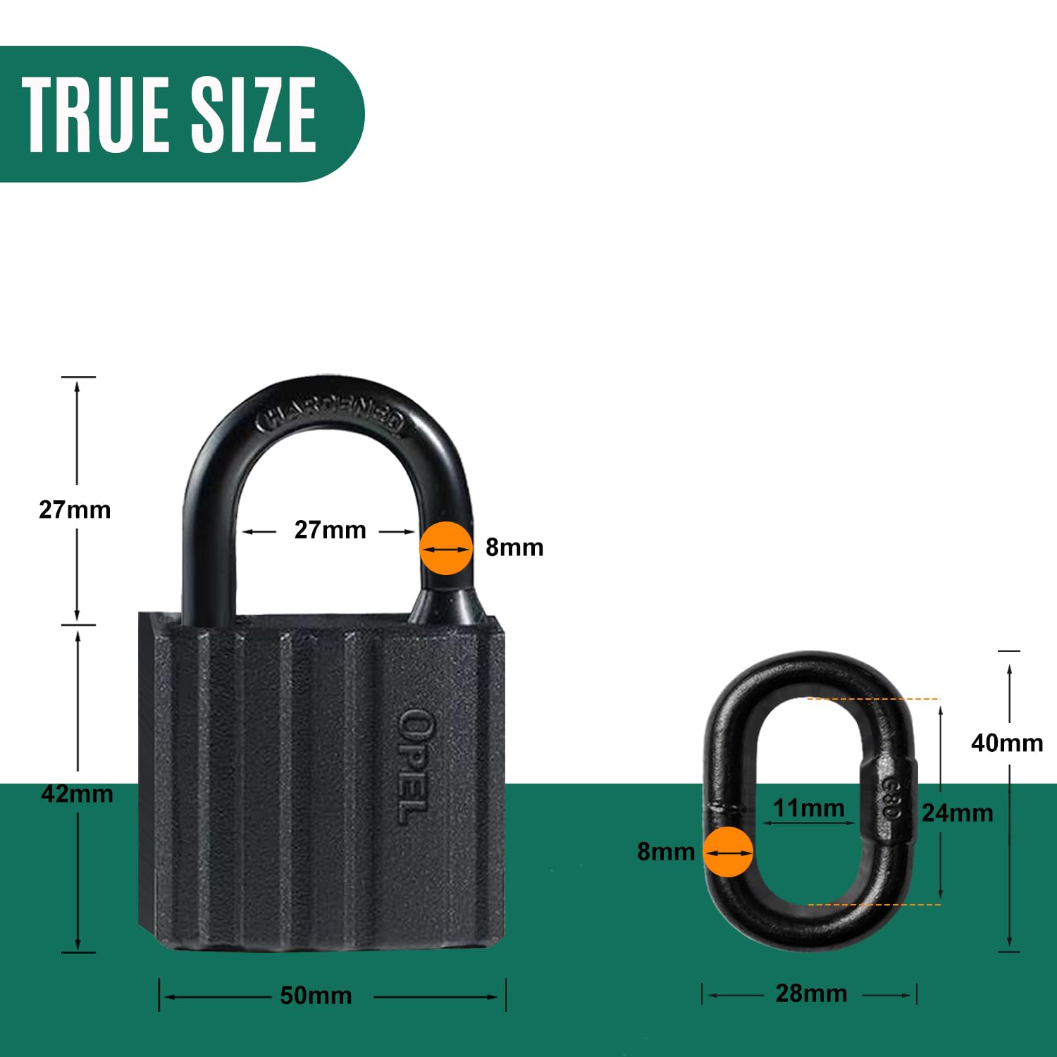Catena di sicurezza da 100 cm, resistente, 8 mm, in acciaio al manganese, G80, nero, antifurto, anti-taglio, lucchetto per bici, scooter, moto, porta, cancello