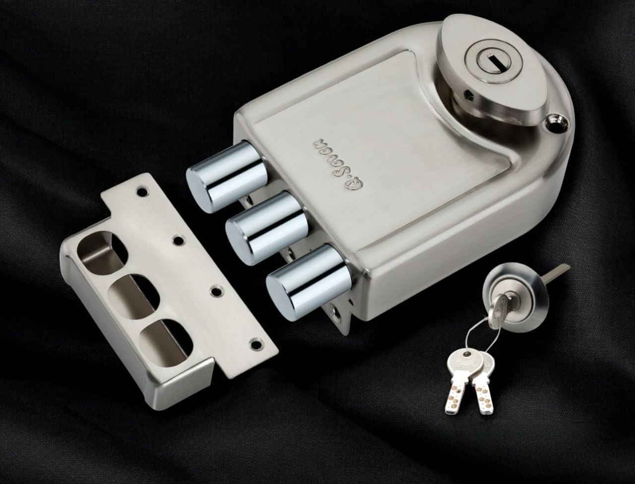 Q-Seven Tri-Bolt Double Side Key Lock in Silver Finish for Home Entrance Door, Heavy-Duty Security, Anti-Theft Design, and Easy Installation, Suitable for All Doors
