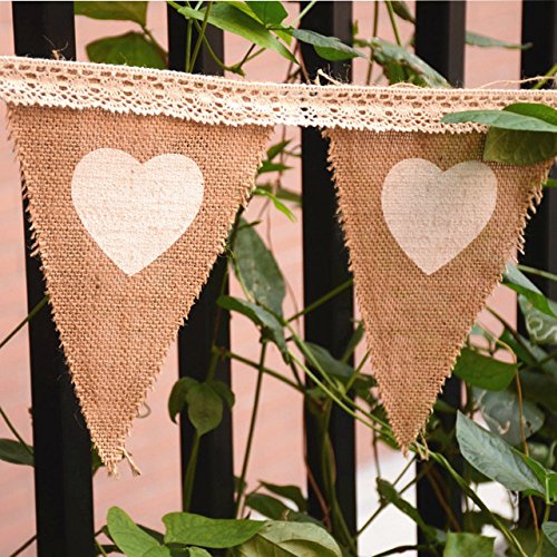 GrassVillageTM 3.2m (10ft) Fabric Hessian Love Heart Burlap Bunting Banner Rustic wedding Vintage Shabby Chic Party Decor