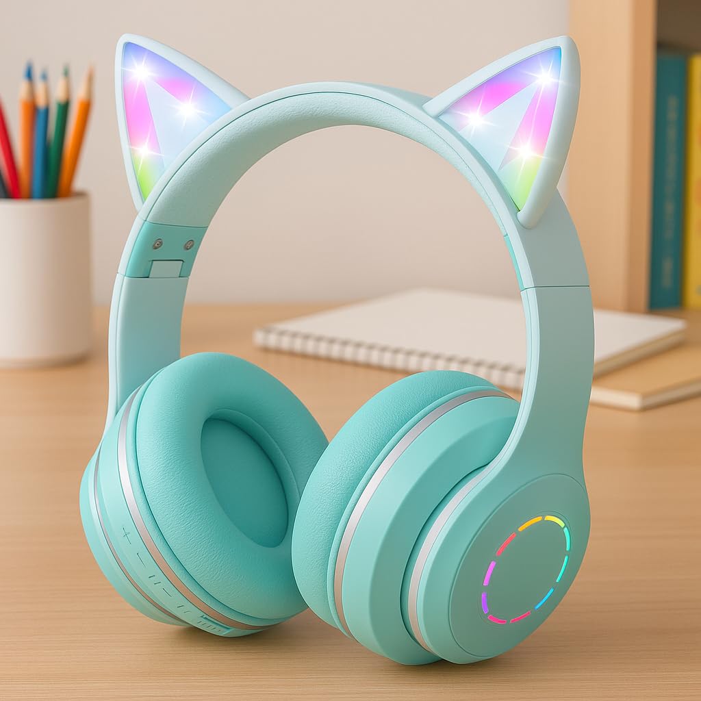 Kids Bluetooth Headphones,Cat Ear Headphones,Bluetooth with LED Light Up Foldable Kids Wireless Headphone,HD Stereo Sound Childrens Headphones Built in Microphone for Phone/Tablet/Study(Lake Green)-image-34