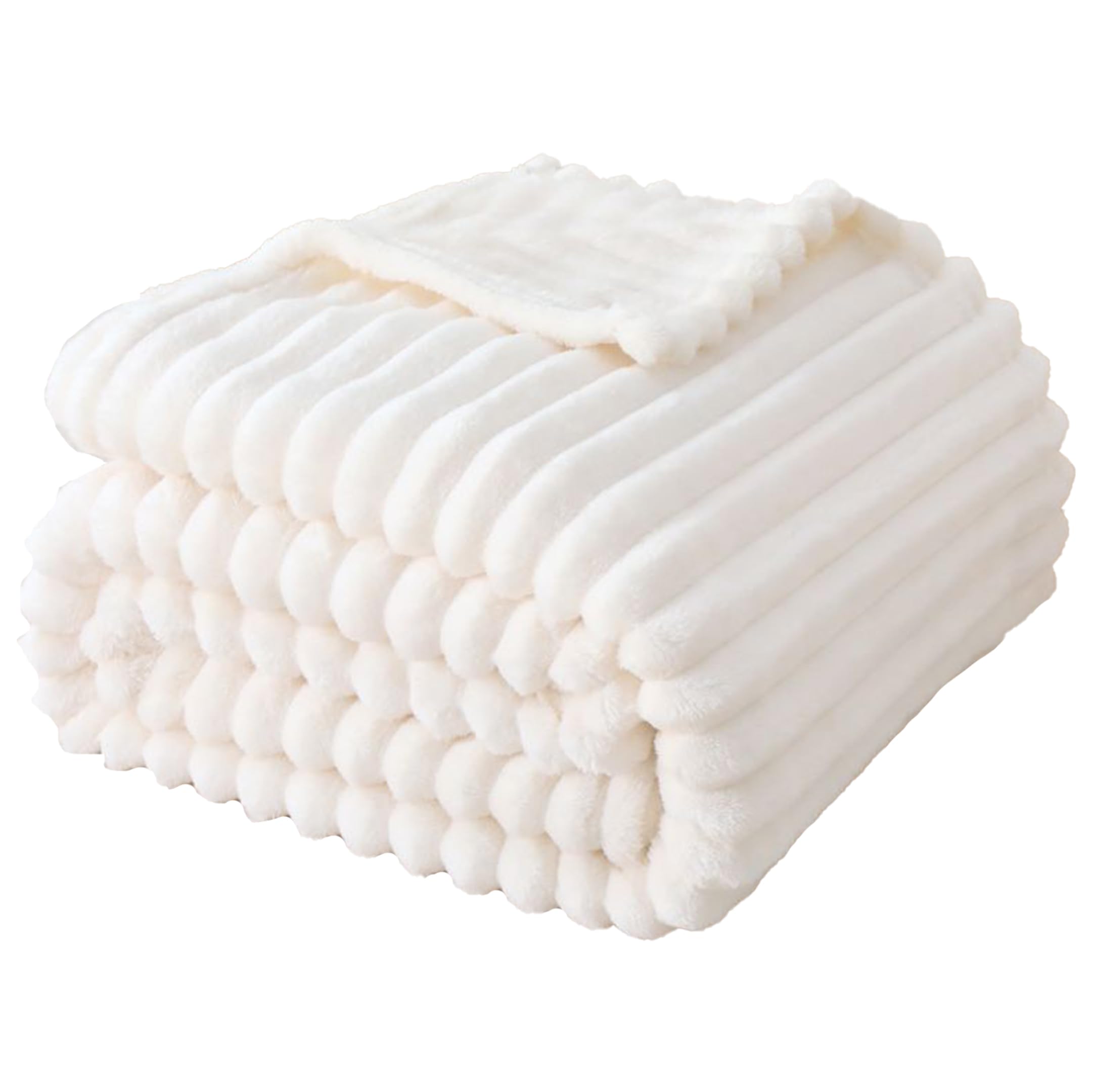 Rohi Ivory Ribbed Throw Blanket Double Size 150cm x 200cm | Extra Soft & Fluffy Cozy Fleece Blanket | Lightweight Faux Fur Throws For Sofas & Bedroom