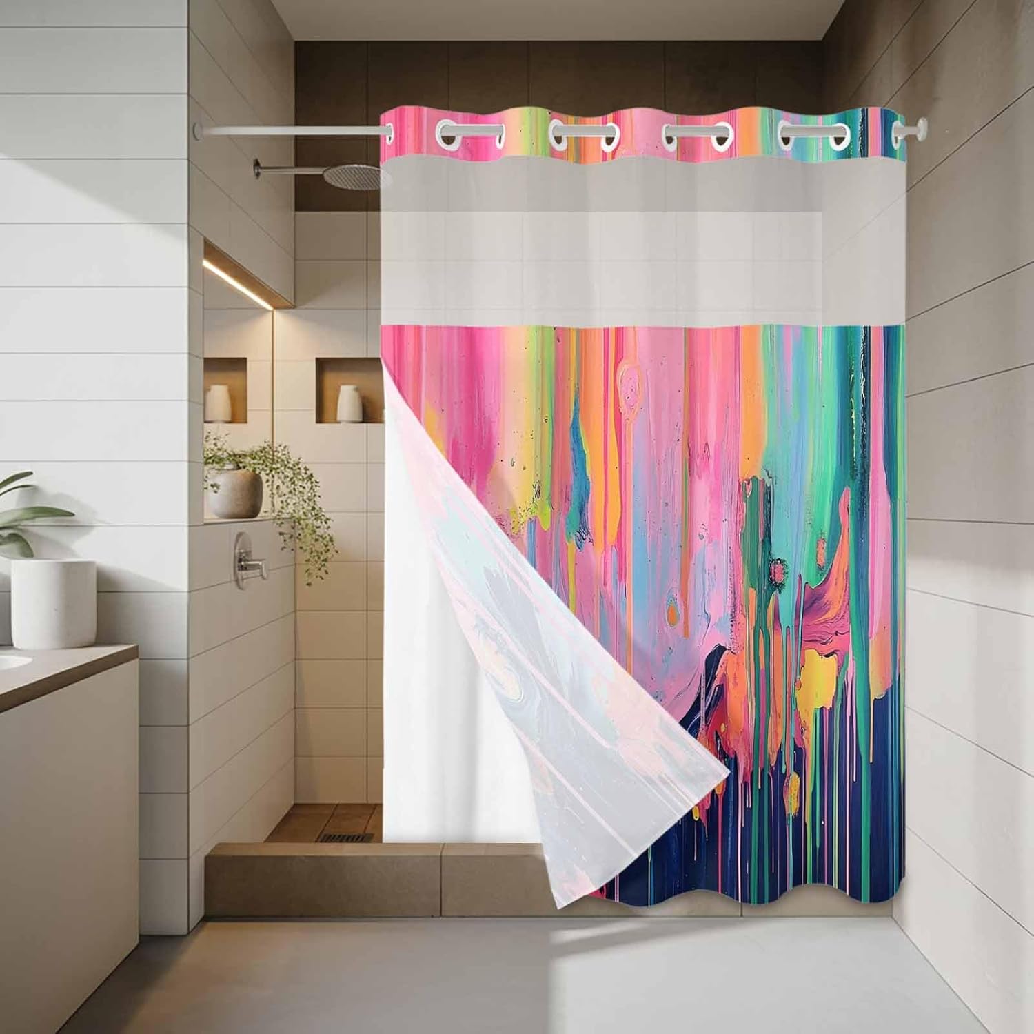 Colorful Abstract No Hook Shower Curtain with Snap in Liner Hand Drawn Graffiti Waterproof Bathroom Shower Curtain with See Through Top Window for Bathtub 72" x 84"