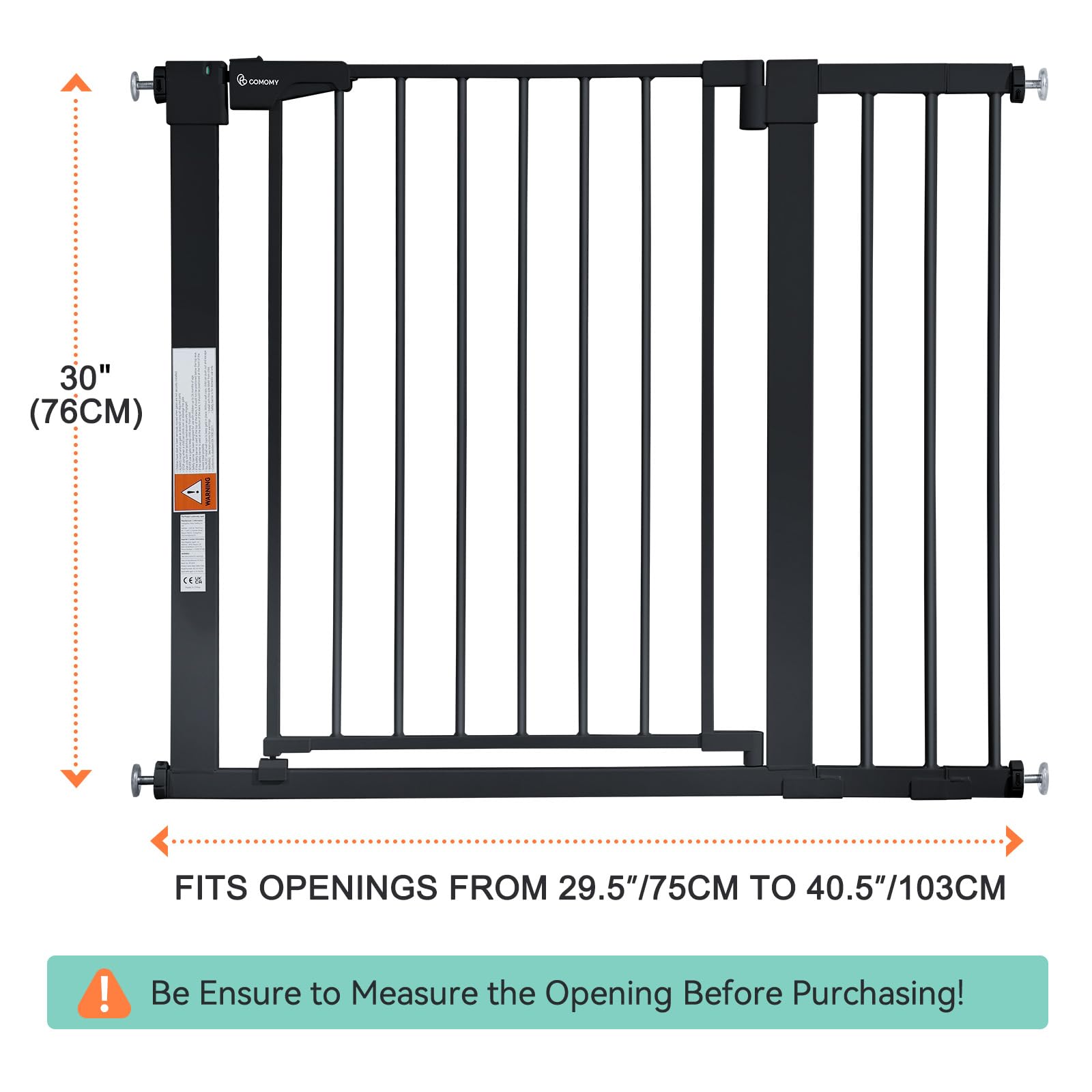 COMOMY Barrera de Seguridad Extensible 75-103 cm, Barrera de Seguridad para niños con Sistema de Cierre automático, 7cm y 14cm Extensiones, Negro | Puerta de seguridad para mascotas montada a presión, incluye 4 tazas de pared y 2 piezas de extensión, colo