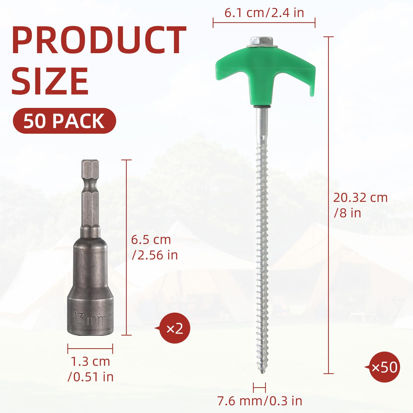 Zeltheringe zum Einschrauben, robuste Zeltheringe, zum Einschrauben, Campingpfahl mit Sechskantkopf, Metallheringe, Spikes für Camping, Garten, Hof, Grün, 50 Stück