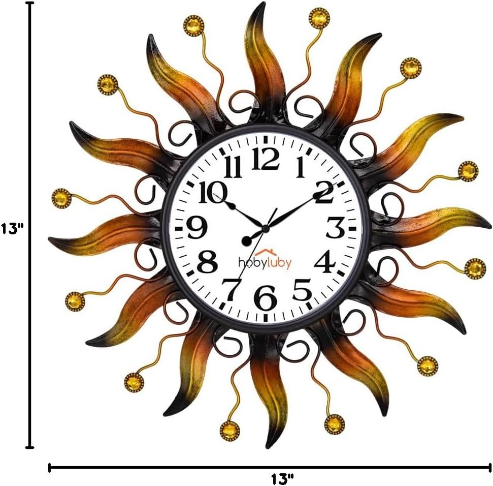 Outdoor Clock Silent Non-Ticking, Sun Outdoor Wall Clock Waterpooof Outside Clock for Patio, Home Decorations(Orange)