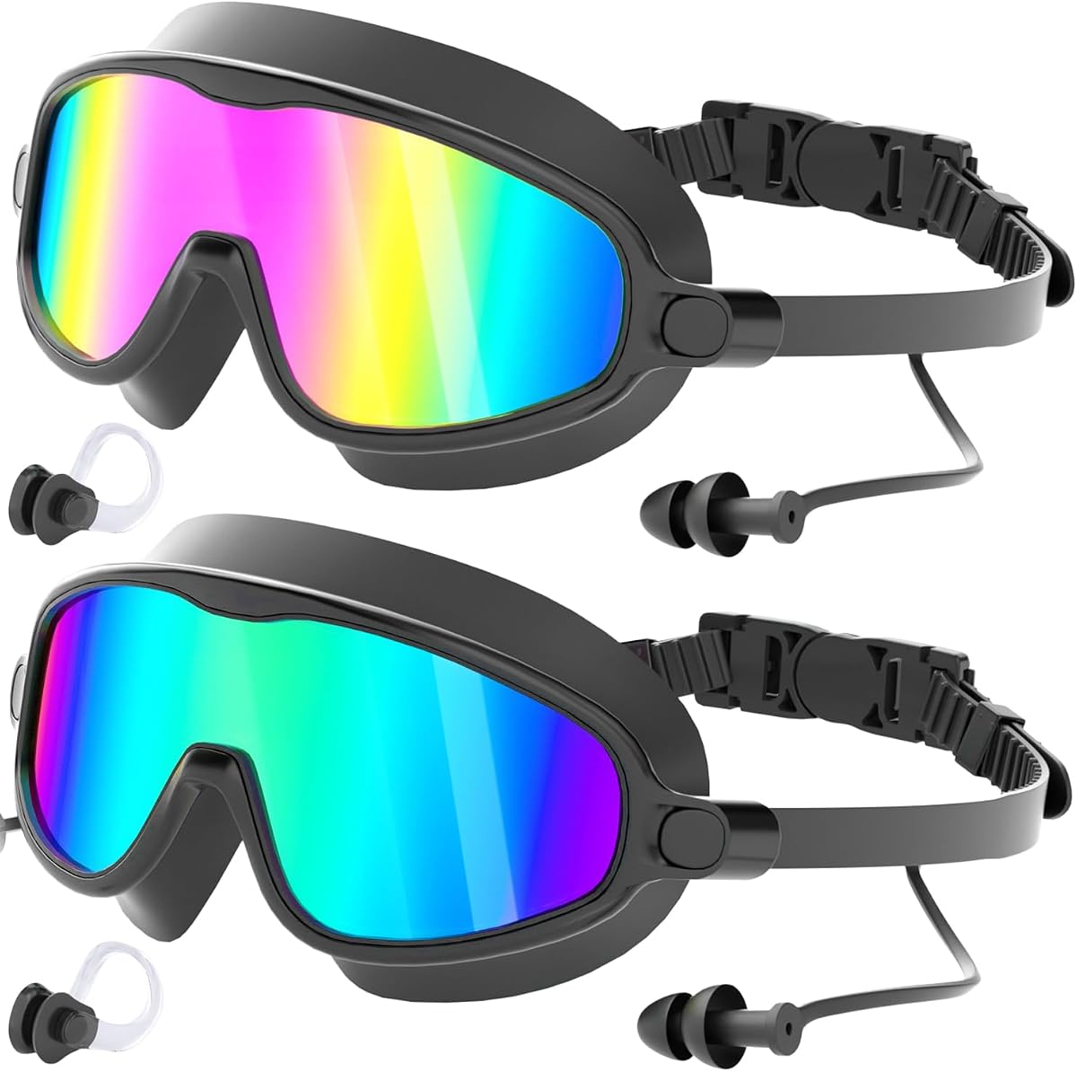 COOLOO Swim Goggles, 2 Pack Wide View Swimming Goggles for Men Women Youth | No Leaking, Anti-Fog, Anti-UV, No Hair Snags, One-Piece Earplugs, 3D Ergonomic Design