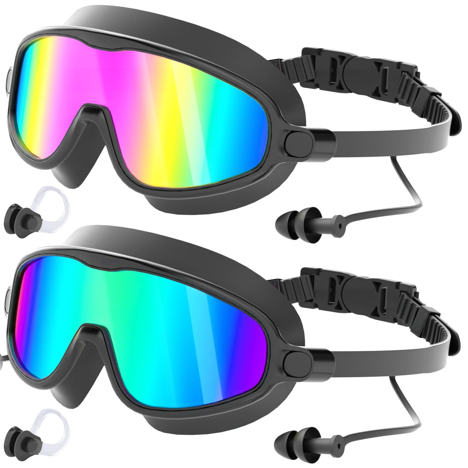 COOLOO Gafas de natación, paquete de 2 gafas de natación de visión amplia para hombres, mujeres y jóvenes | Sin fugas, antivaho, anti-UV, sin enganches de cabello, tapones para los oídos de una sola pieza, diseño ergonómico 3D