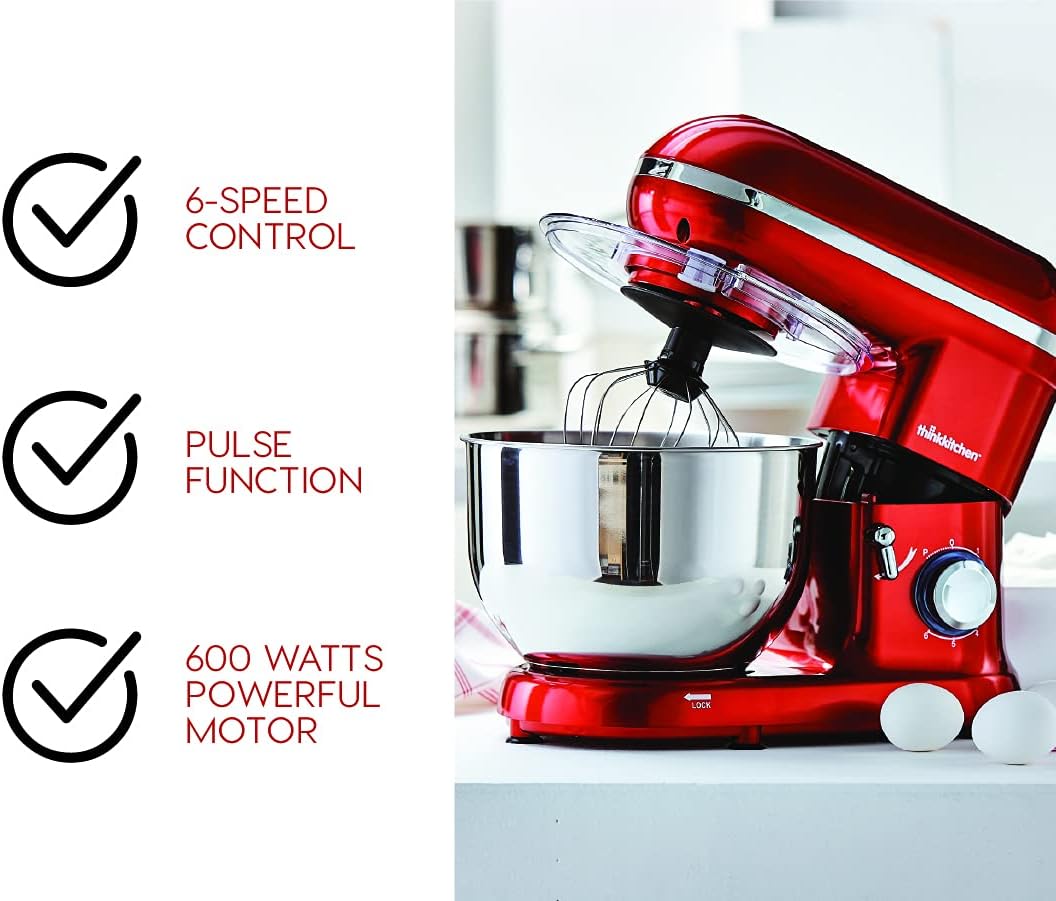 Stand mixer highlighting 6-speed control, pulse function, and 600 watts powerful motor