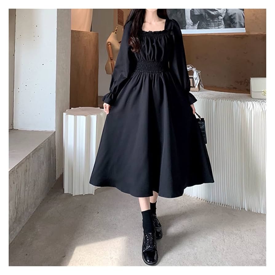 Black Dress Women Vintage Long Sleeve Spring Autumn Dresses