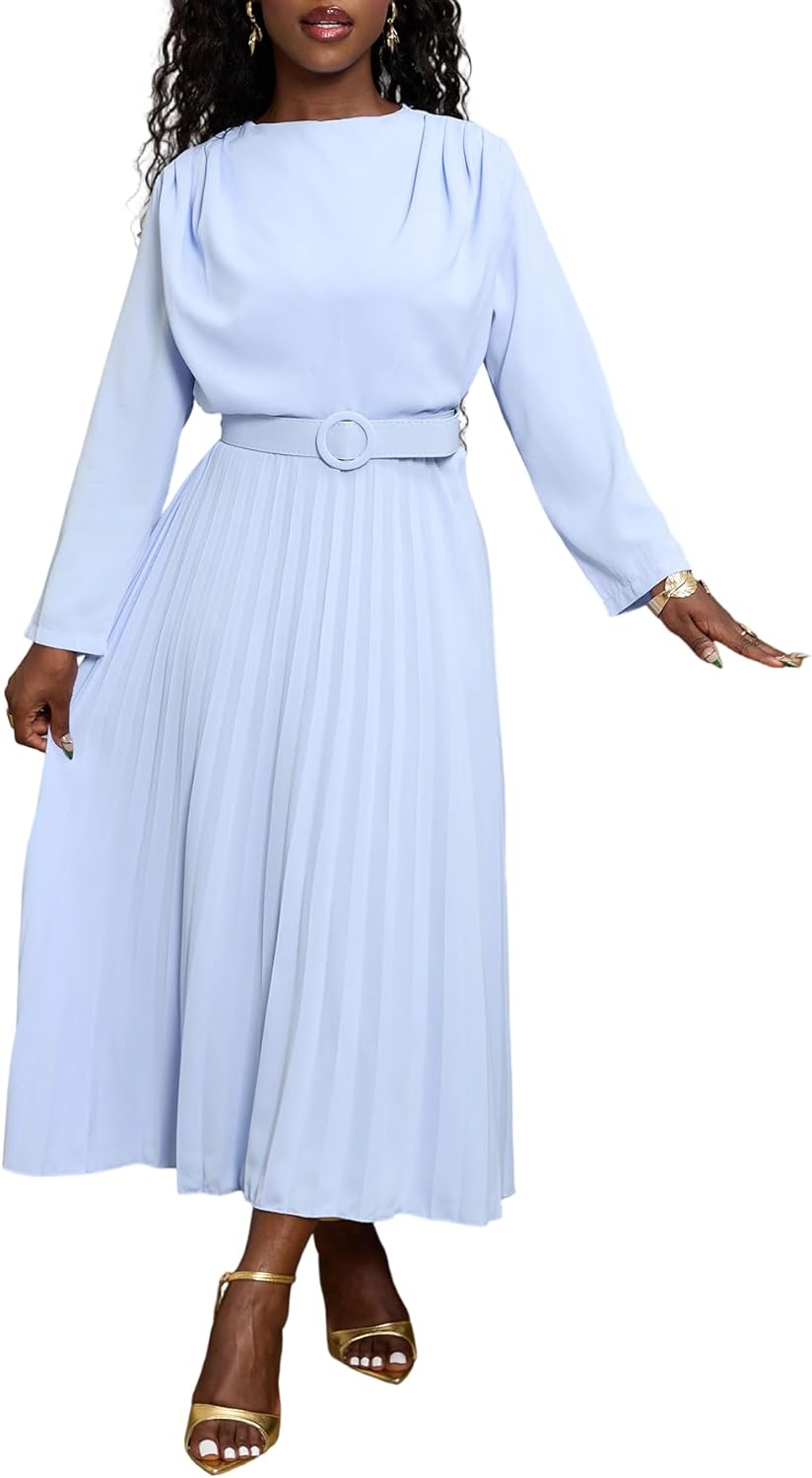 Famnbro Womens Work Dress Long Sleeve A line Church Formal Elegant Office Business Dresses with Belt