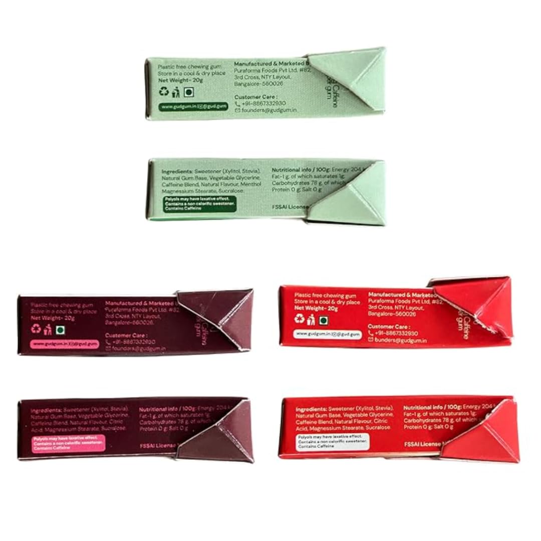 Gud Gum Caffeine Gum Variety Pack with Xylitol – 4 Pack Assorted Flavors (Cola, Raspberry, Cold Coffee, Mint) – Sugar-Free, Fast-Acting Energy Gum for Focus, Alertness & On-the-Go Boost (3 Pack Assorted) - Image 3 thumbnail