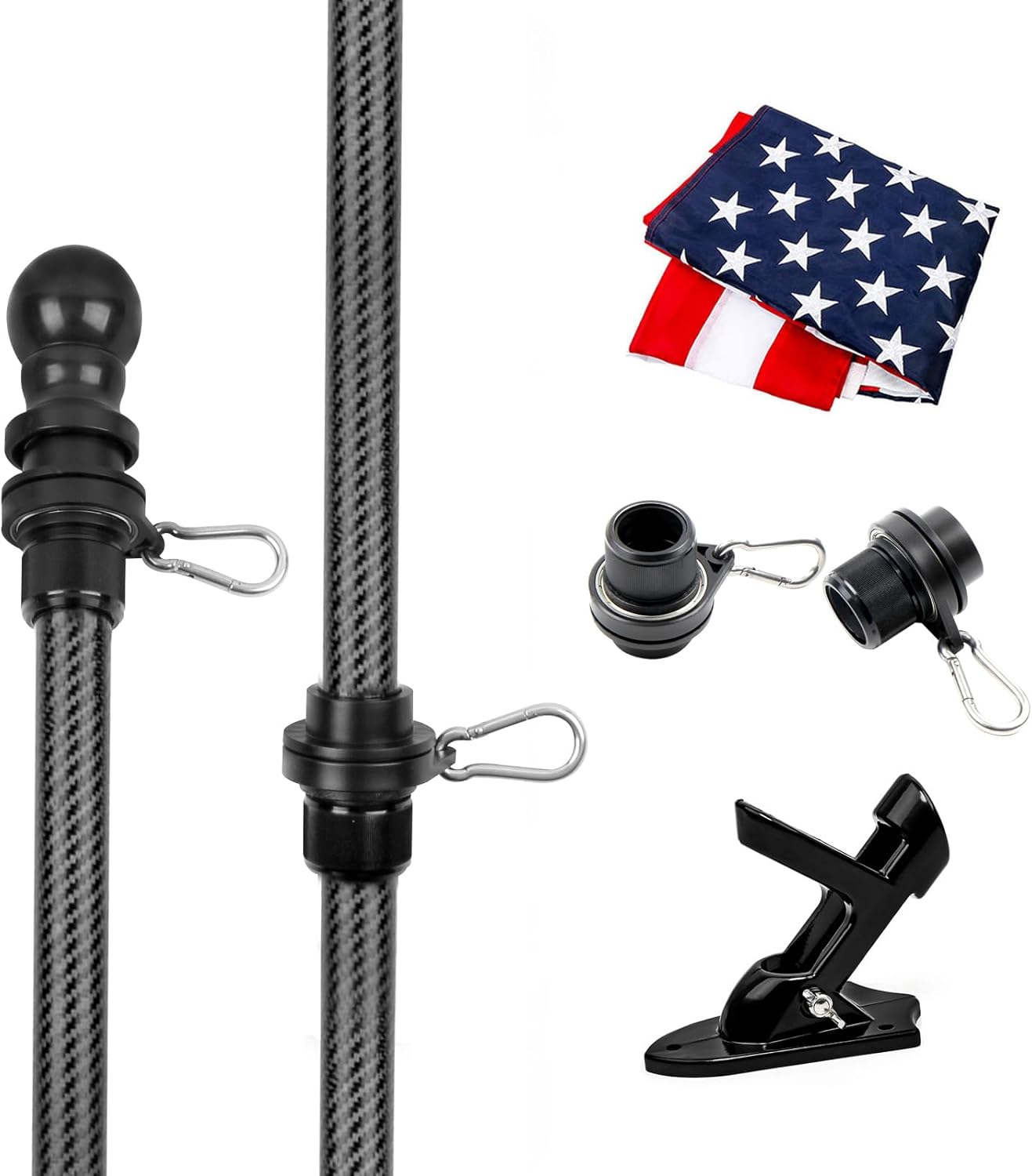 HIBLE Carbon Fiber Flag Pole with Upgraded Metal Screw, 5 Foot Flag Pole for House and Porch Non Wrapping Flagpole with Smooth Bearings Spinners (Flagpole Only, 4 Sections)