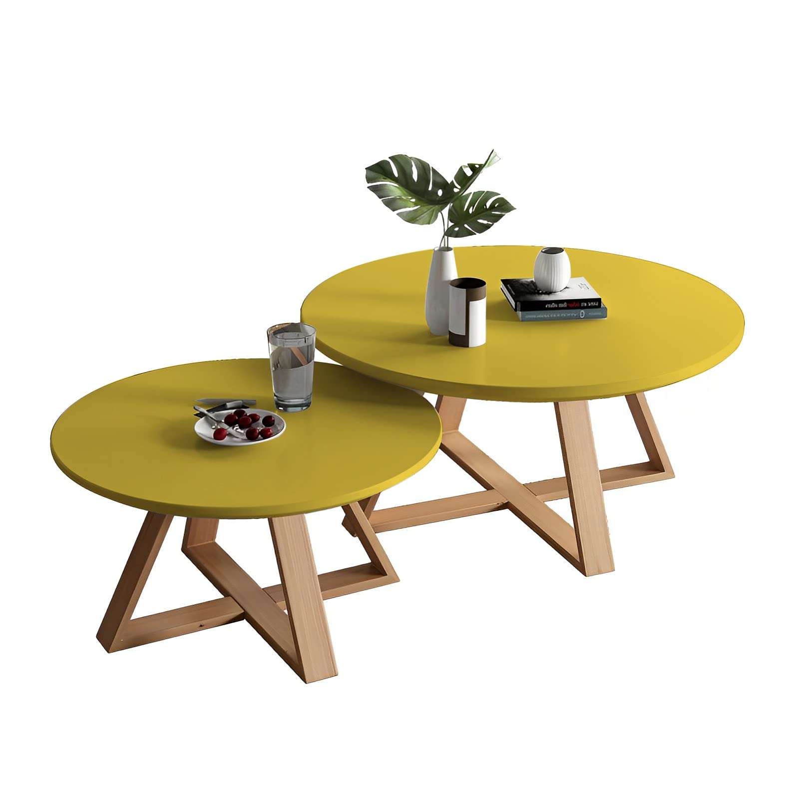 Klydbmyt Yellow Modern Nesting Coffee Tables Set Round Small End Tables For Living Room Bedroom And Balcony Sturdy Easy Assembly Minimalist Design 80Cm + 60Cm Sizes