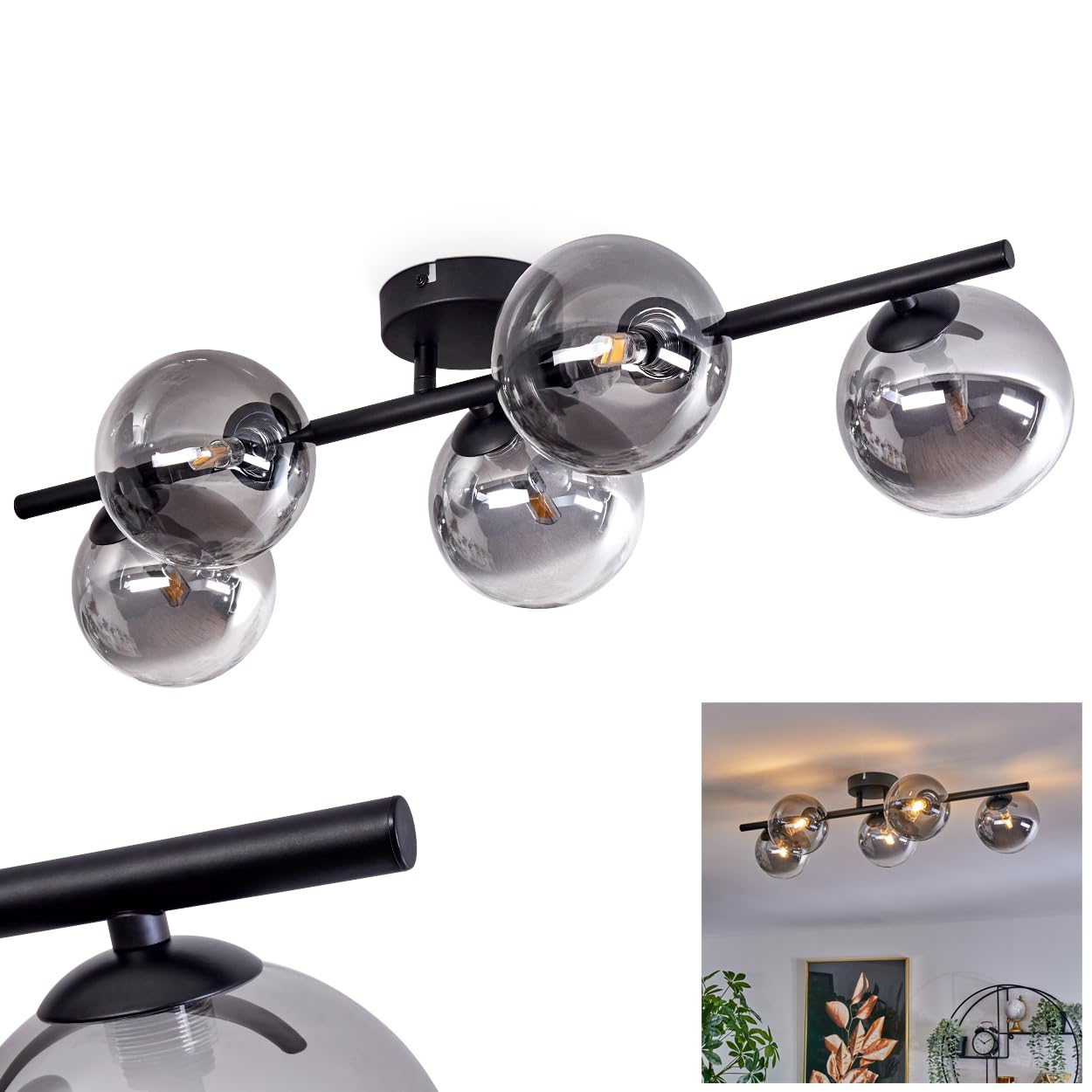 Chehalis Ceiling Light, Ceiling lamp Made of Metal/Glass in Black/Smoke Colour/Clear, Retro/Vintage Design luminaire with Glass Shades (Ø 12 cm), 5 x G9 LED, Without Bulbs