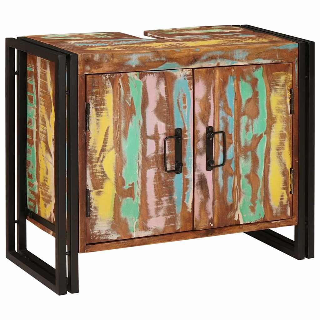 Mobile Sottolavello Bagno Legno Massello Multicolore 71x33x58cm | Mobiletto salvaspazio per il bagno con robusto telaio in ferro e ripiano interno regolabile per accessori.