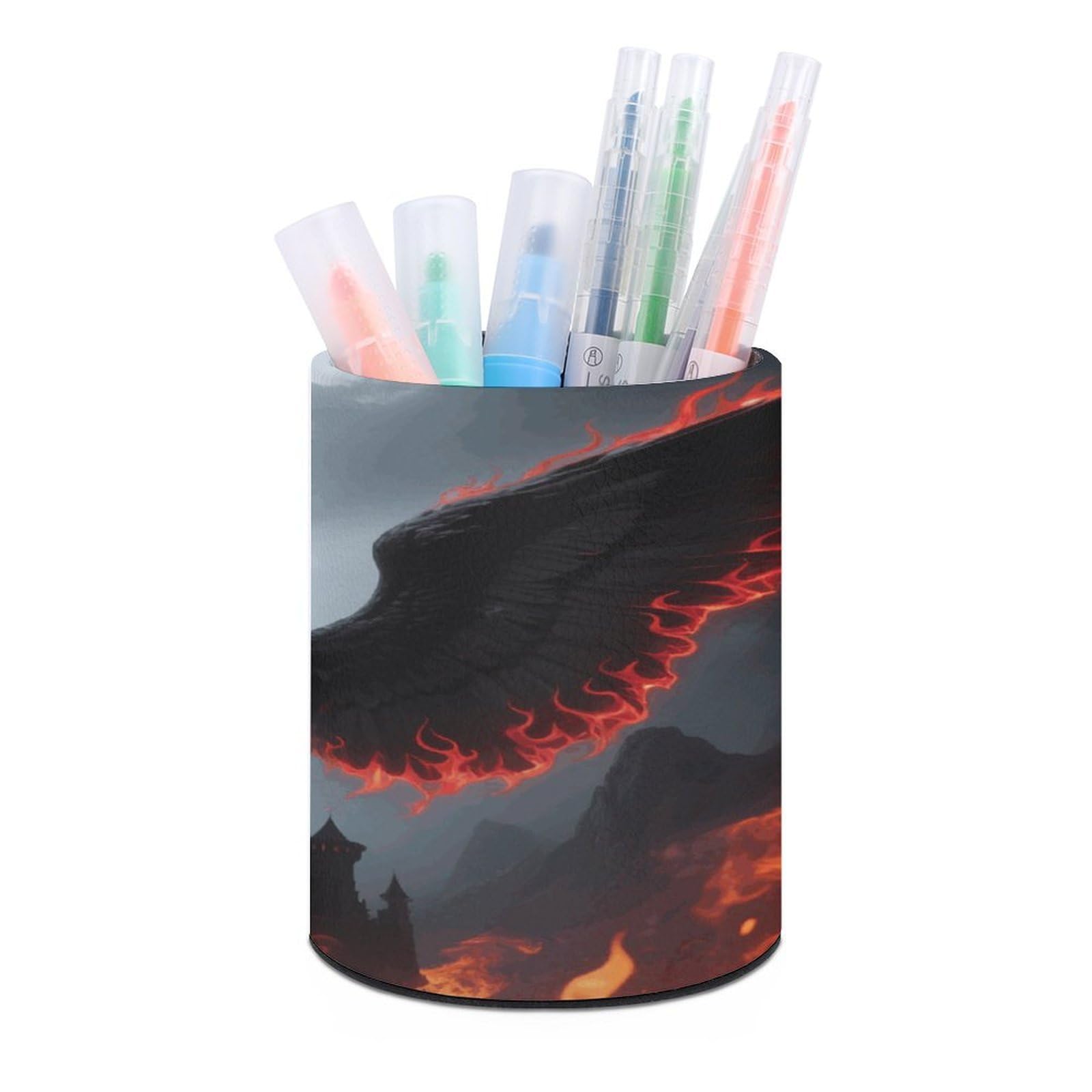VstaDank Gothic Angel Wings Pen Holder Round Pencil Holder Cup Pen Container PU Leather Desk Organizer Stand Decor Brush Scissor Holders Decoration Office Desk Home (3.1 X 3.9 Inches)