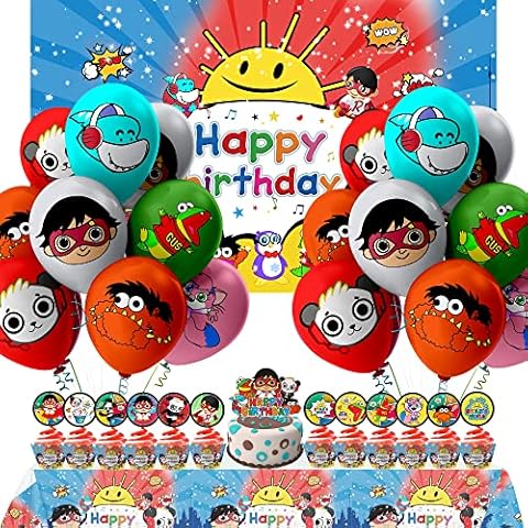 Nelton RW Birthday Party Supplies Includes Includes Backdrop - Cake Topper - 24 Cupcake Toppers - 18 Balloons - Table Cloth Cover
