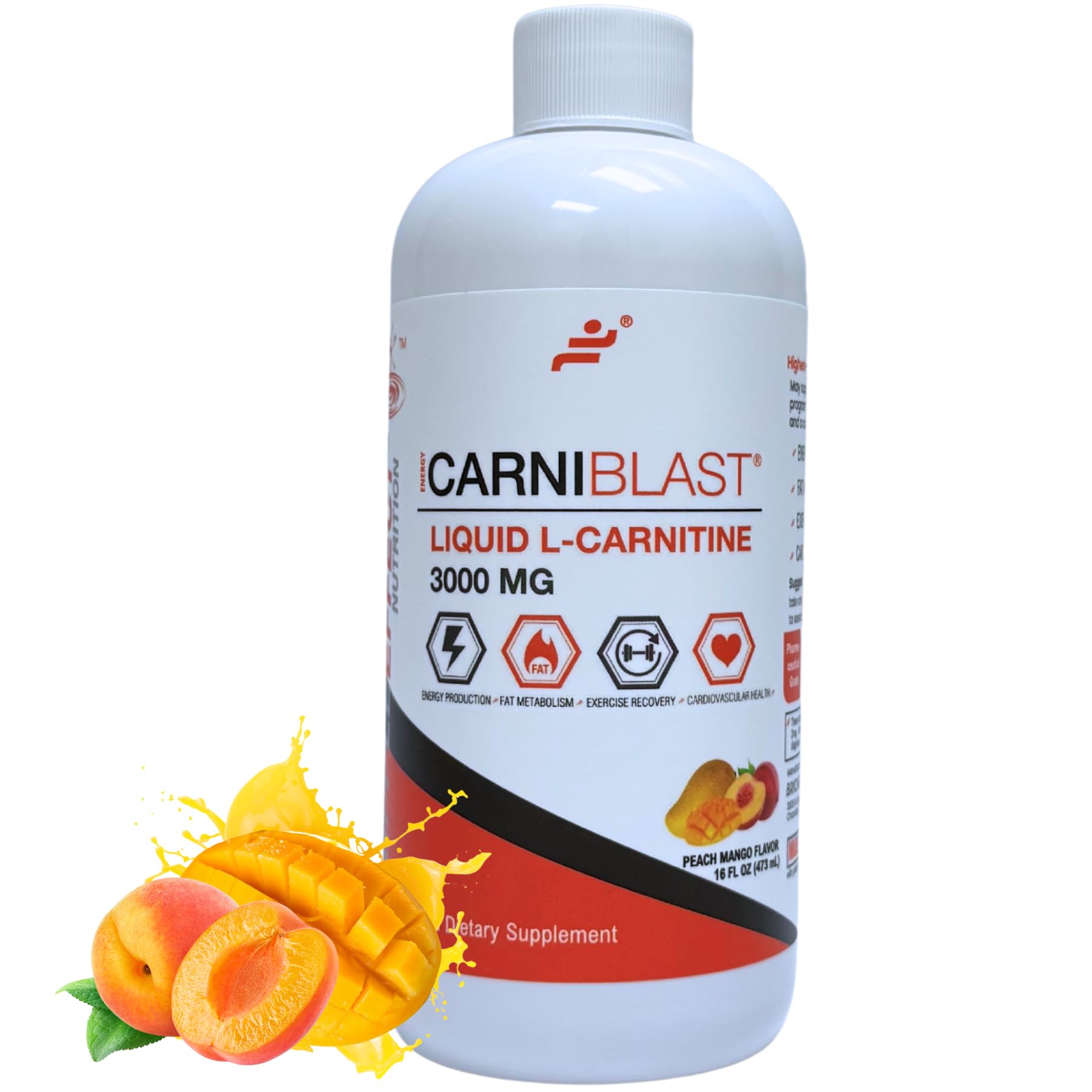 Bricker Labs CARNIBLAST L-Carnitina Líquida 3000 mg, L-Carnitina Premium Carnipure, Nutrición Deportiva, Suplemento Energético y Potenciador de Energía, Melocotón Mango, 16 onzas líquidas