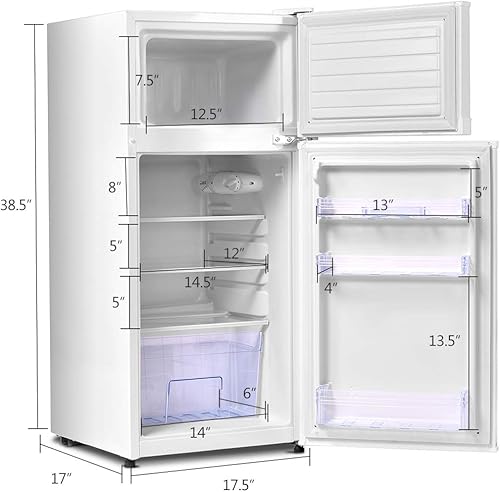 Miniatura 5 de MAT EXPERT Mini refrigerador de 3.4 pies cúbicos de 2 puertas con congelador, refrigerador compacto con estantes de vidrio extraíbles ajustables,