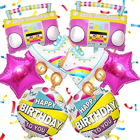 8Pcs Large Inflatable Rainbow Roller Radio Skates Stars Happy Birthday Foil Balloons Disco 80s 90s Retro Theme Boom Box Retro Hip Hop Photo Prop Backdrop for Disco Birthday Party Decorations Cover