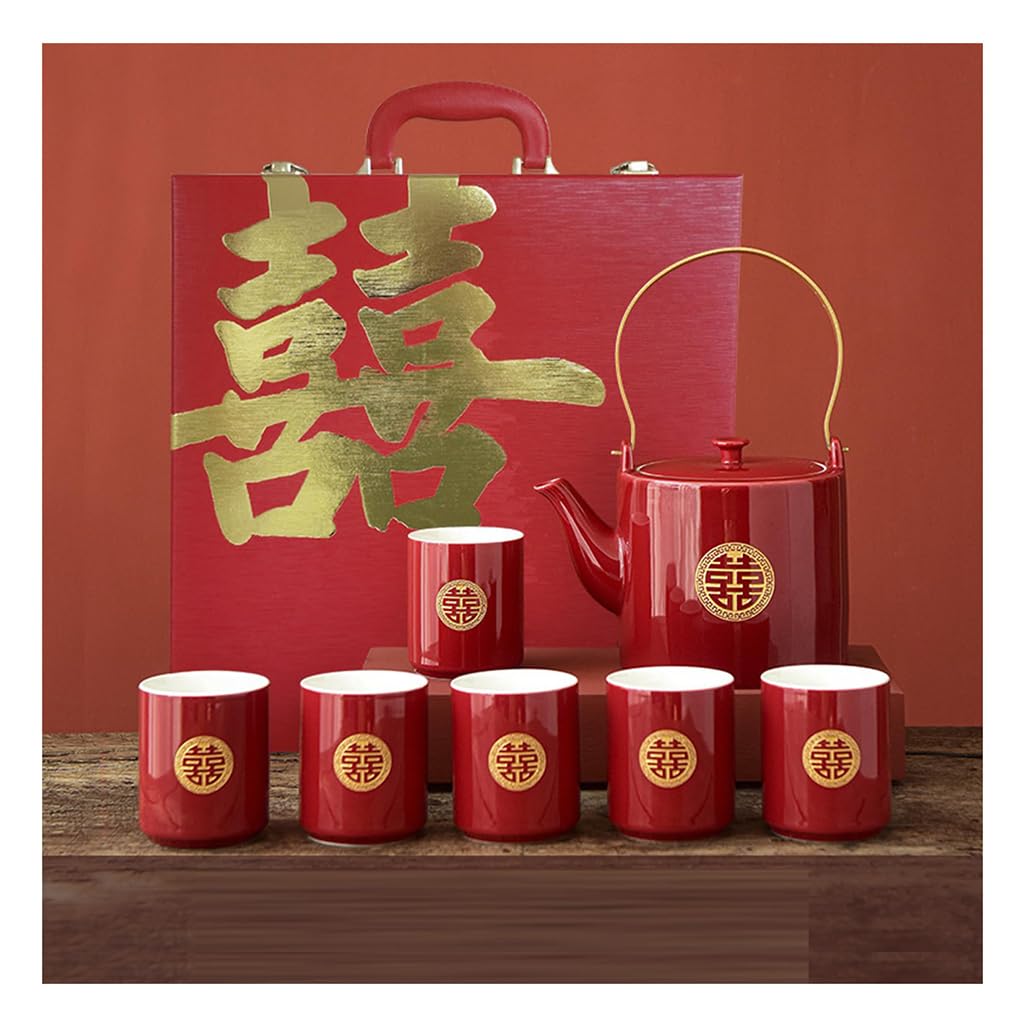GVILTY Juego de té de porcelana roja china, juego de té chino Kung Fu, tetera doble felicidad, suministros de decoración de boda tradicional china, servicio de té de cerámica rojo 1-6 tazas