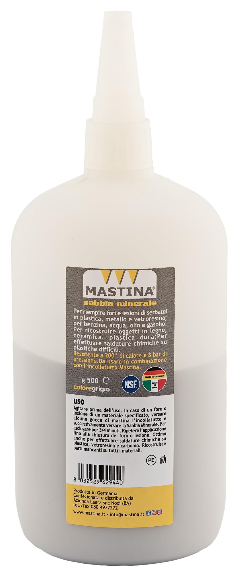 Mastina Sabbia Minerale 500g con 4 Flaconi Vuoti Inclusi - Kit Completo per Riparazioni, Incollaggio e Fai da Te - Ideale per Progetti Creativi e Professionali (Grigio)