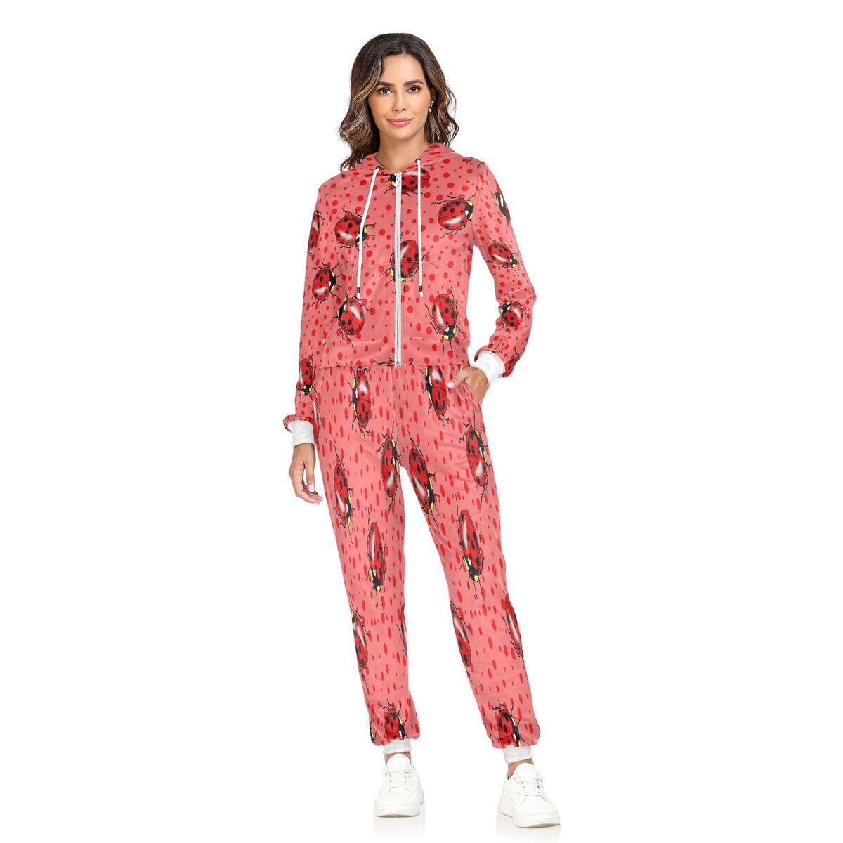 Conjunto deportivo de 2 piezas para mujer, diseño de mariquitas rojas, conjunto deportivo de manga larga, lunares rosados